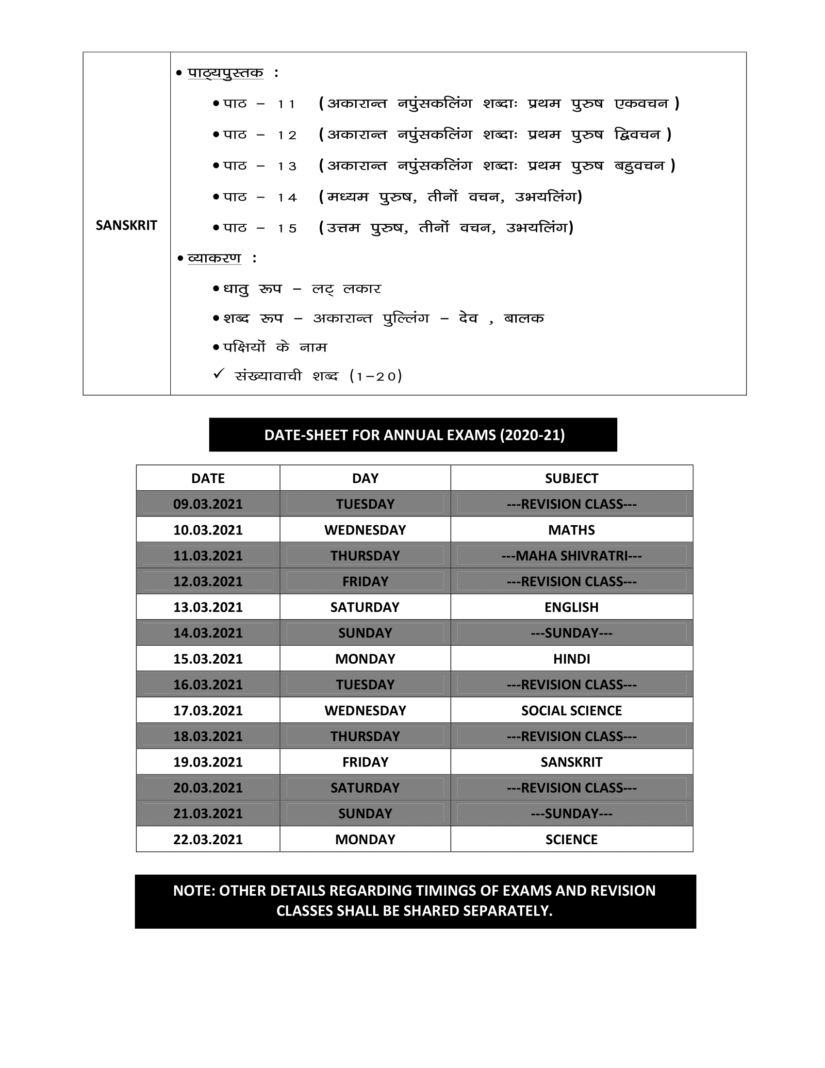 DATE-SHEET AND SYLLABI FOR ANNUAL EXAMS