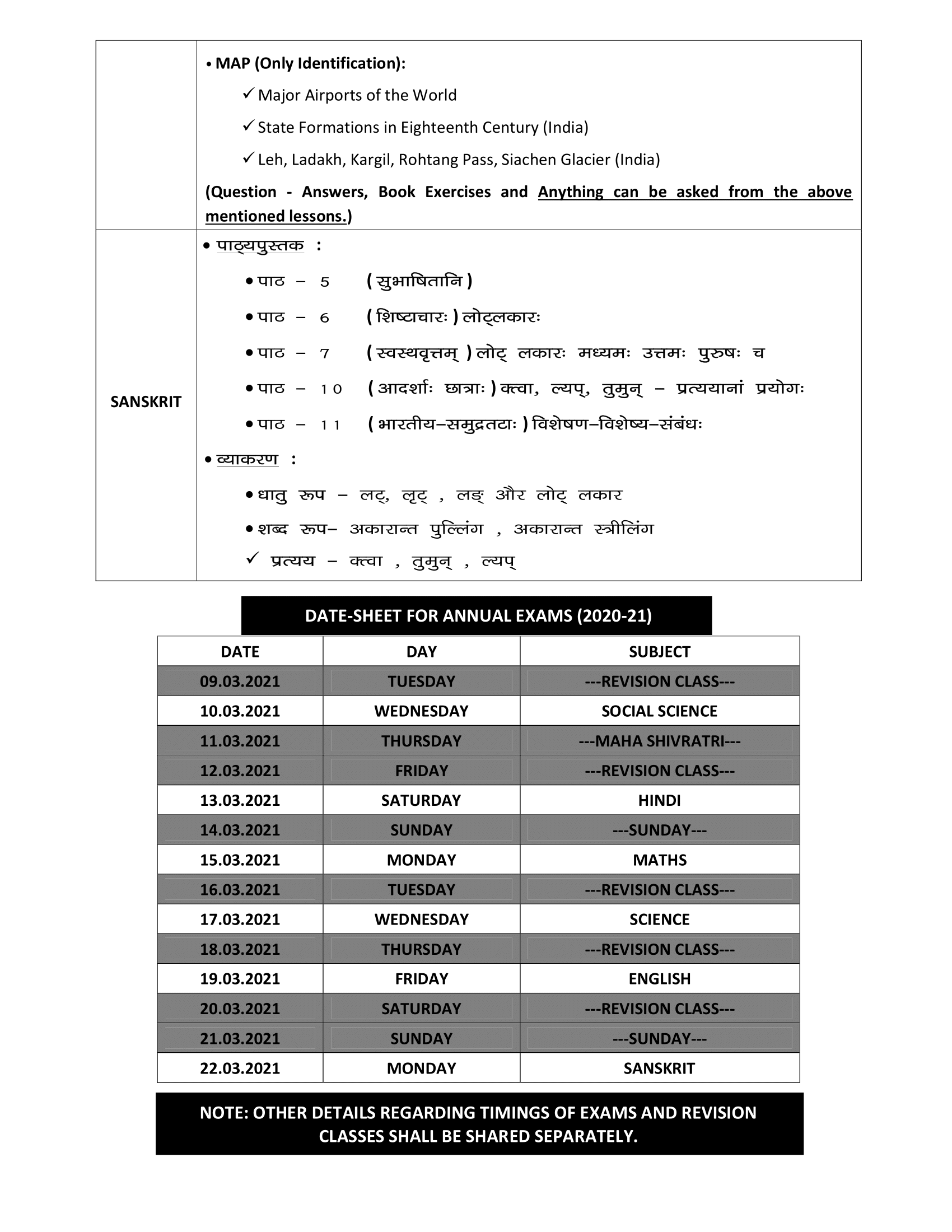 SDATE-SHEET AND SYLLABI FOR ANNUAL EXAMS