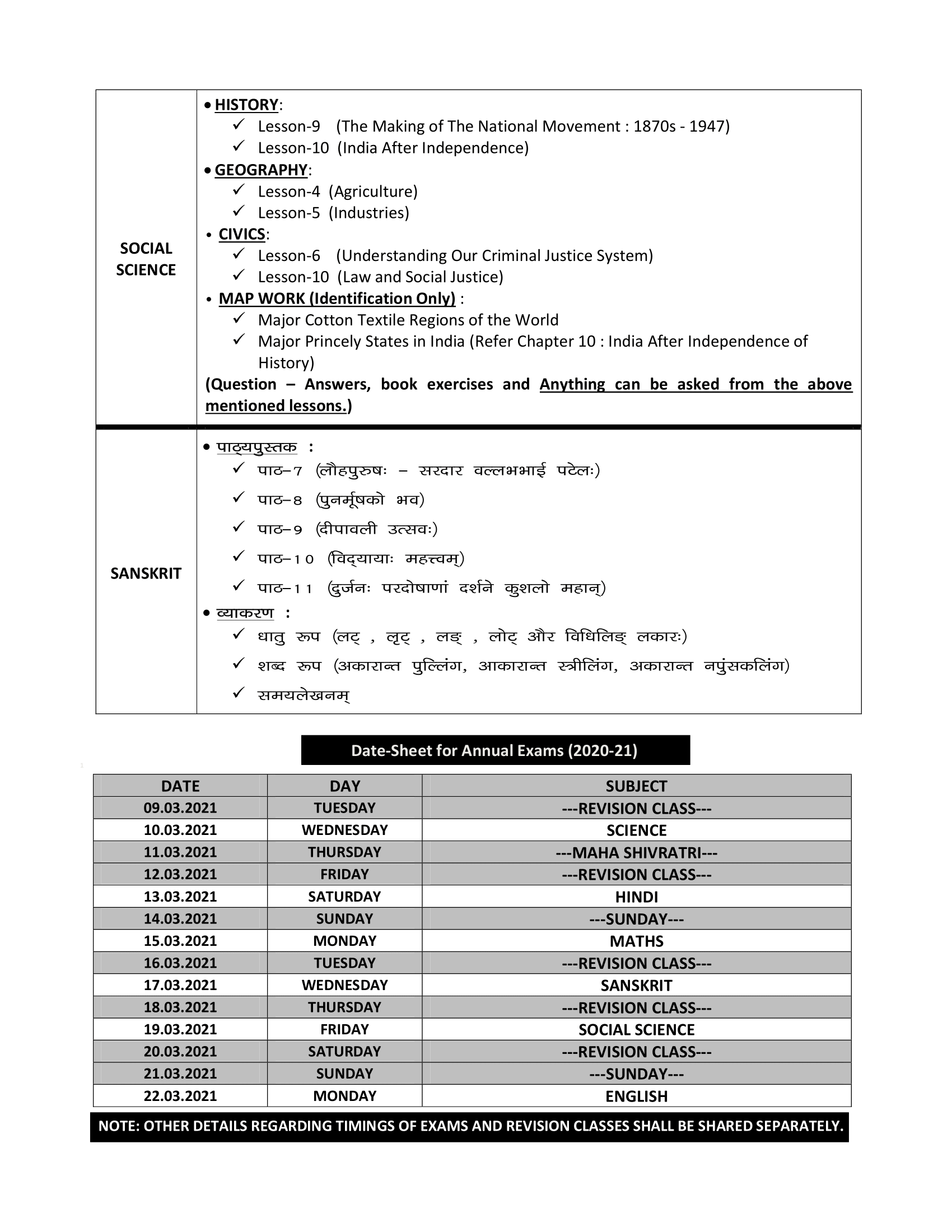 DATE-SHEET AND SYLLABI FOR ANNUAL EXAMS