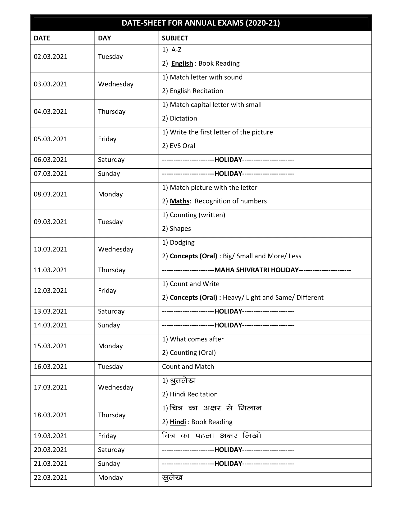 DATE-SHEET AND SYLLABI FOR ANNUAL EXAMS