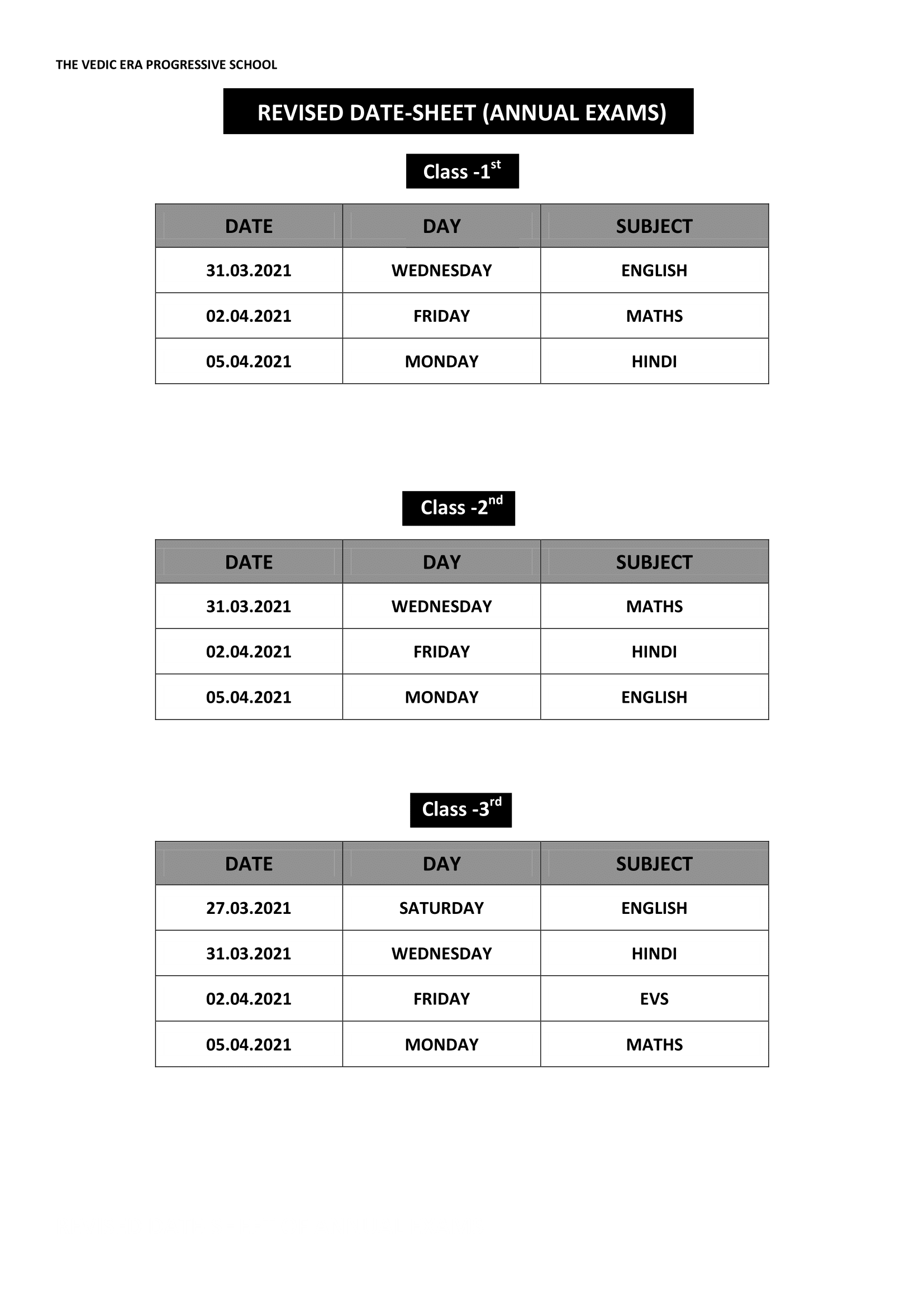 DATE-SHEET AND SYLLABI FOR ANNUAL EXAMS