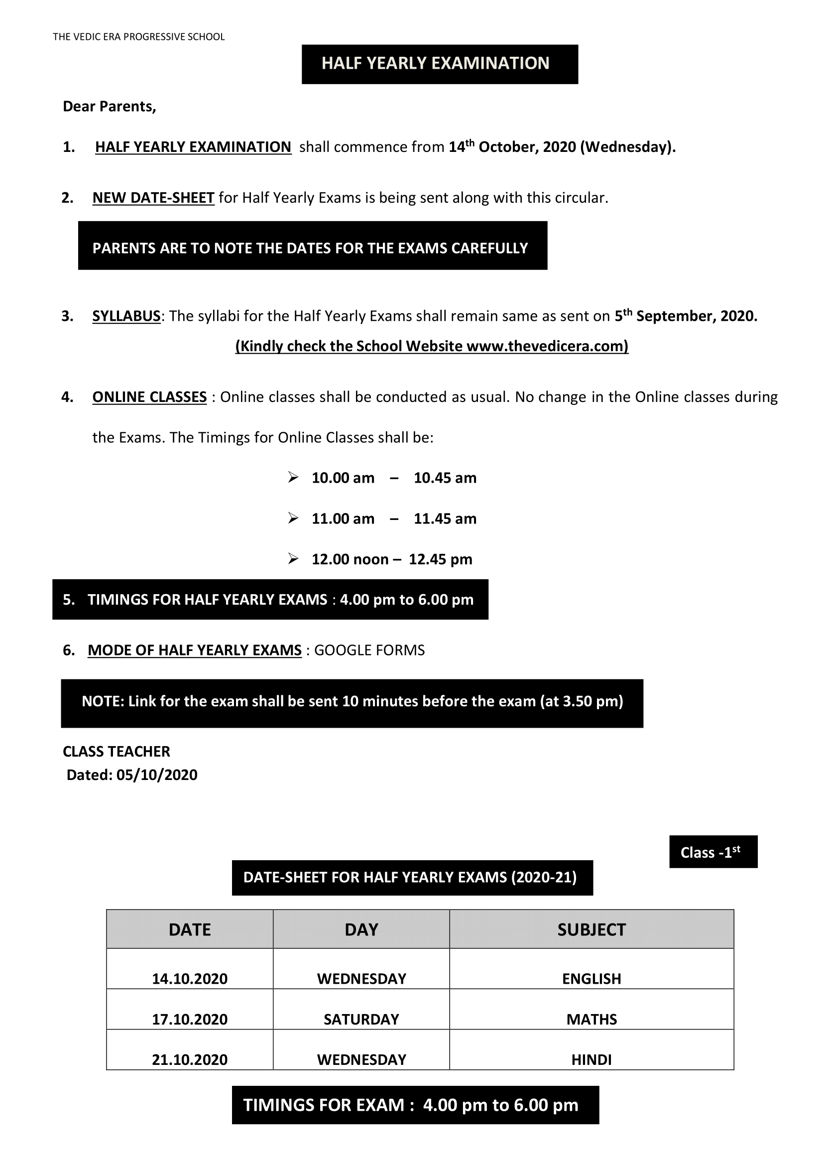 DATE-SHEET FOR HALF YEARLY EXAMS