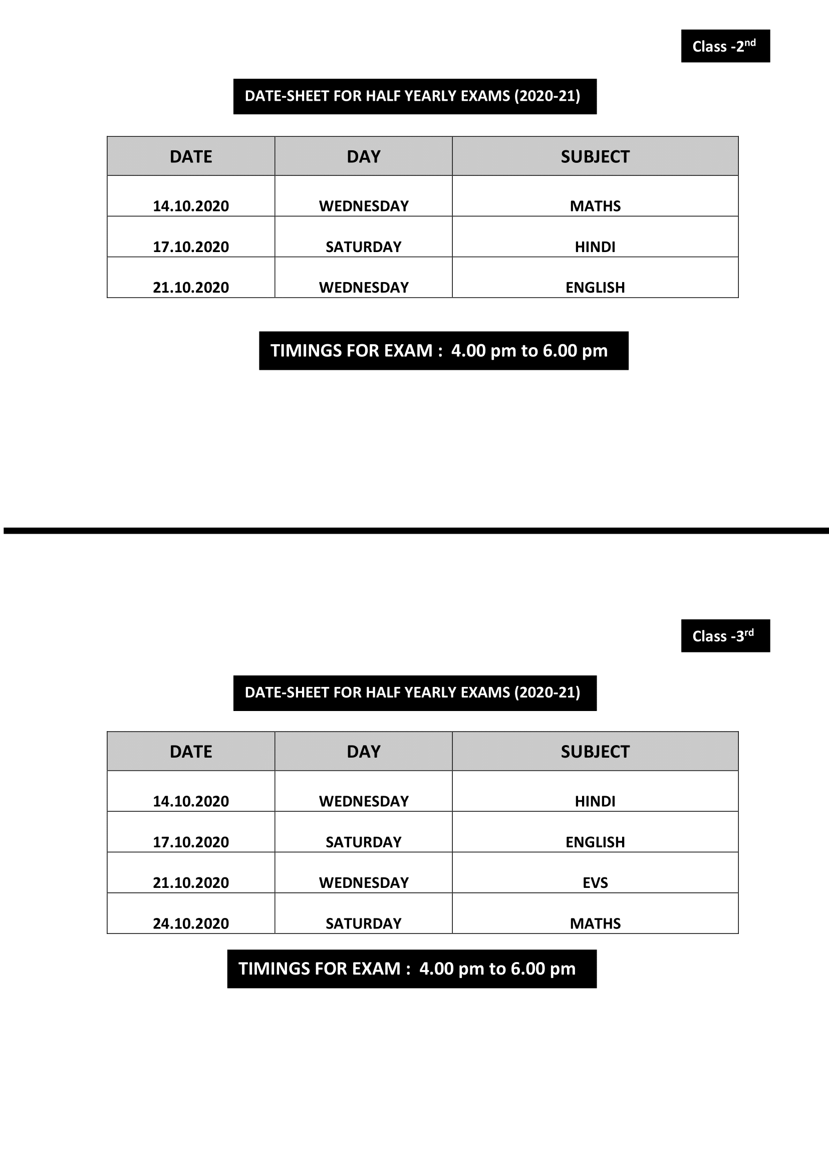 DATE-SHEET FOR HALF YEARLY EXAMS