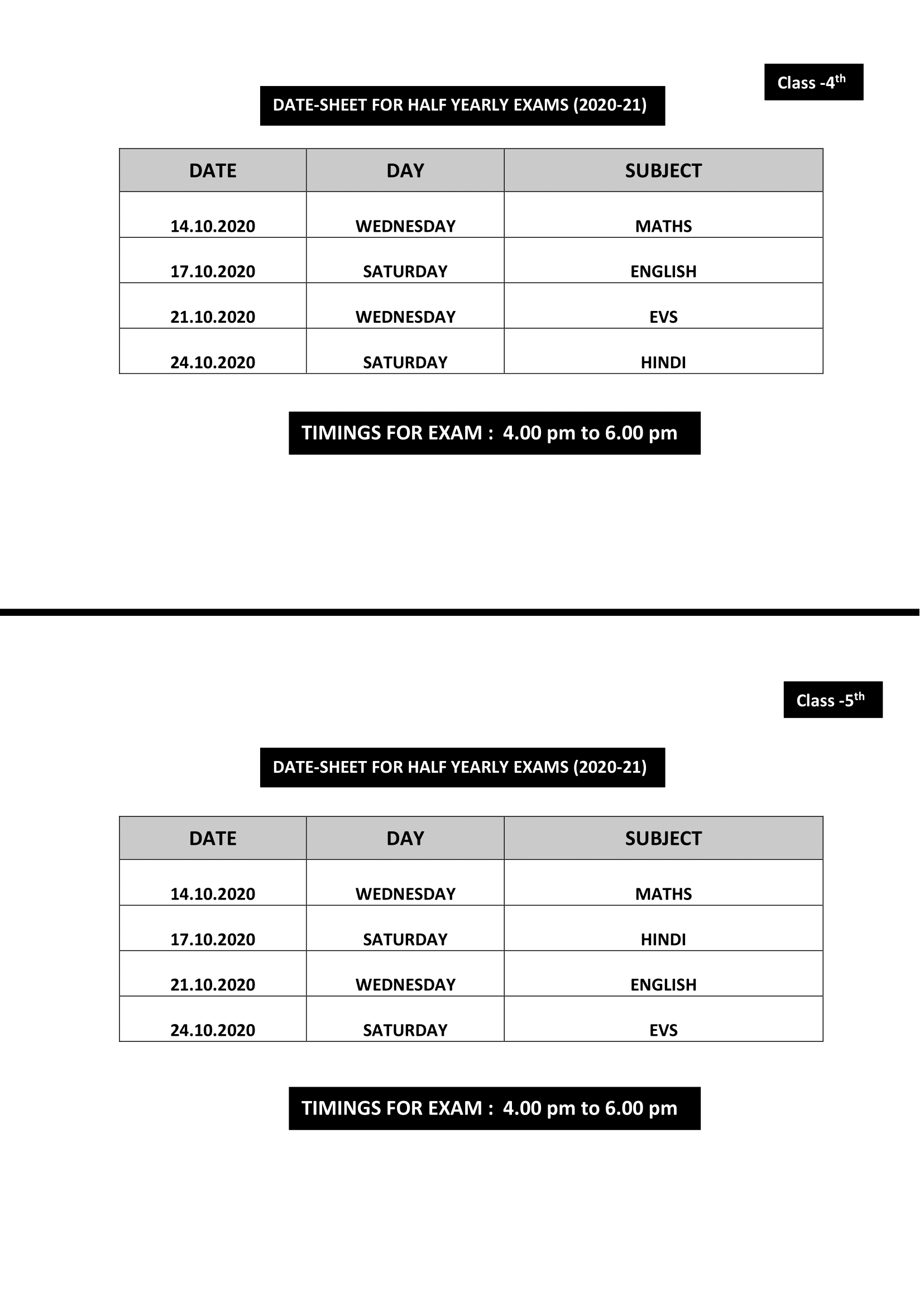DATE-SHEET FOR HALF YEARLY EXAMS