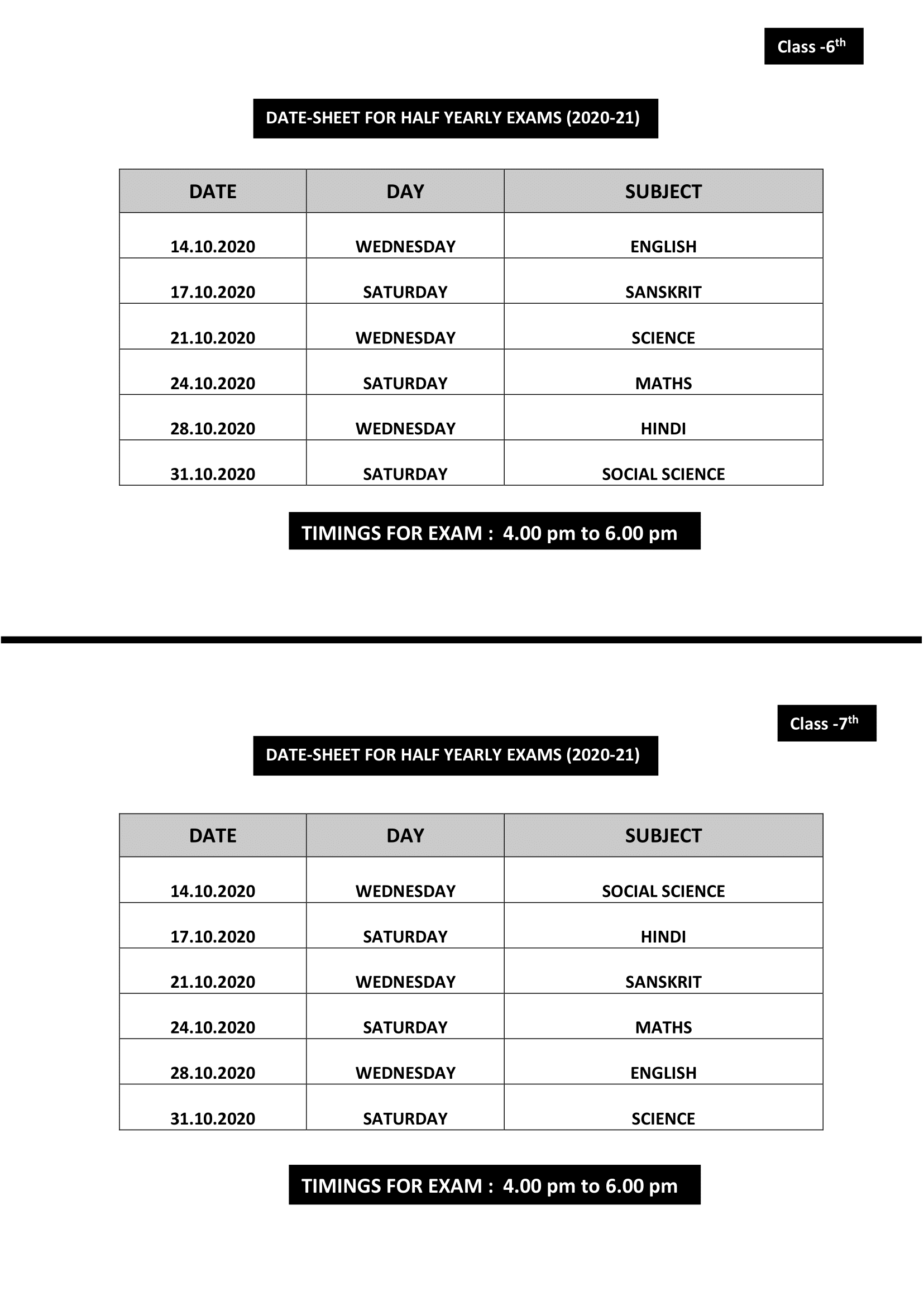 DATE-SHEET FOR HALF YEARLY EXAMS