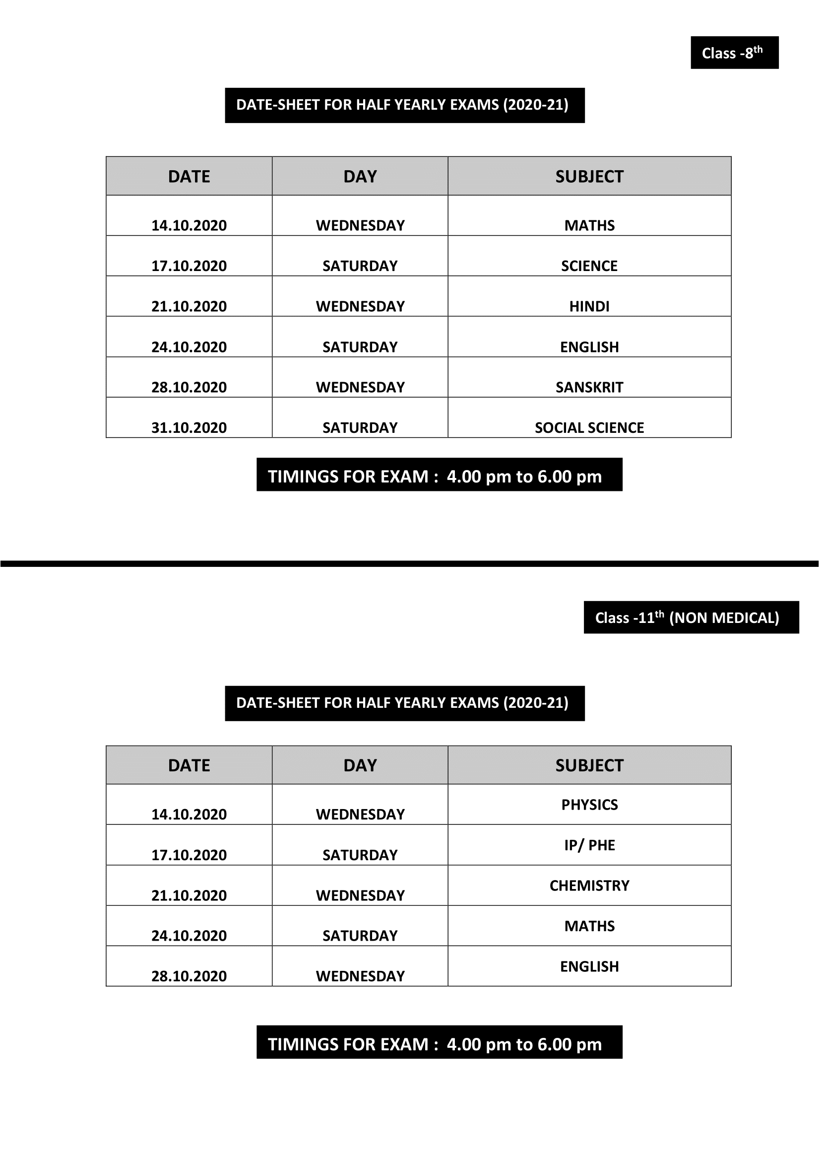 DATE-SHEET FOR HALF YEARLY EXAMS