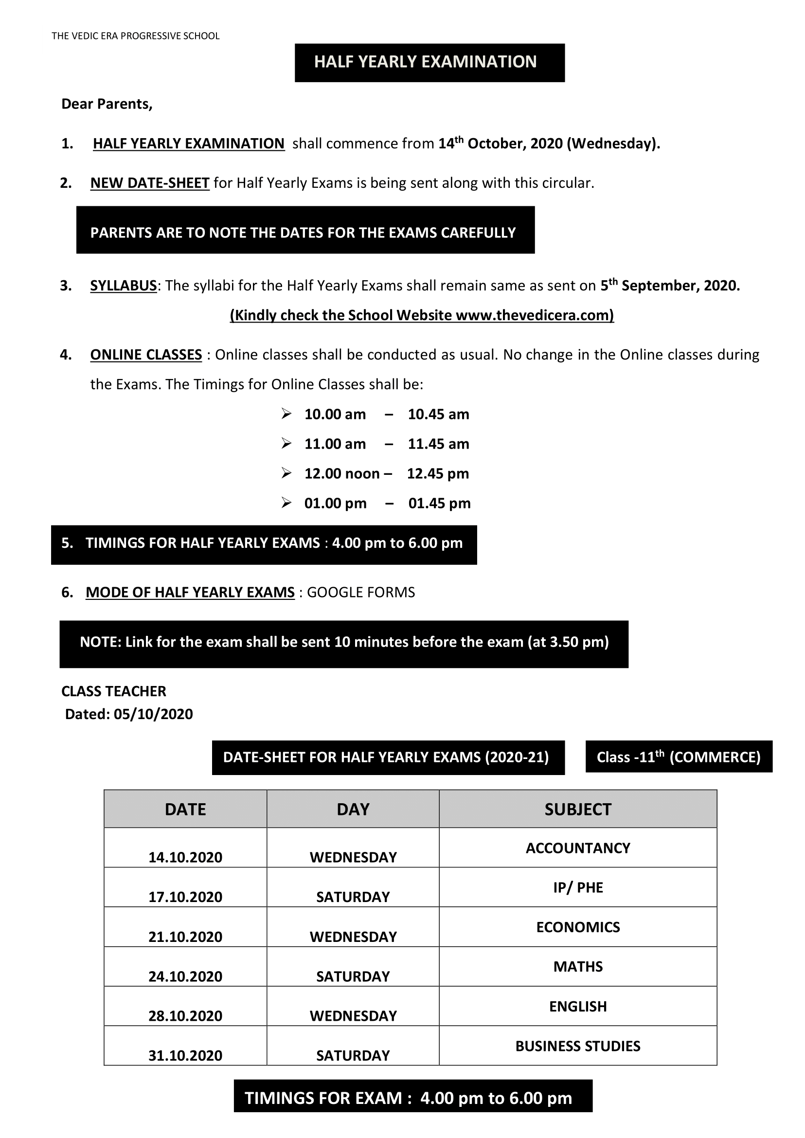 DATE-SHEET FOR HALF YEARLY EXAMS