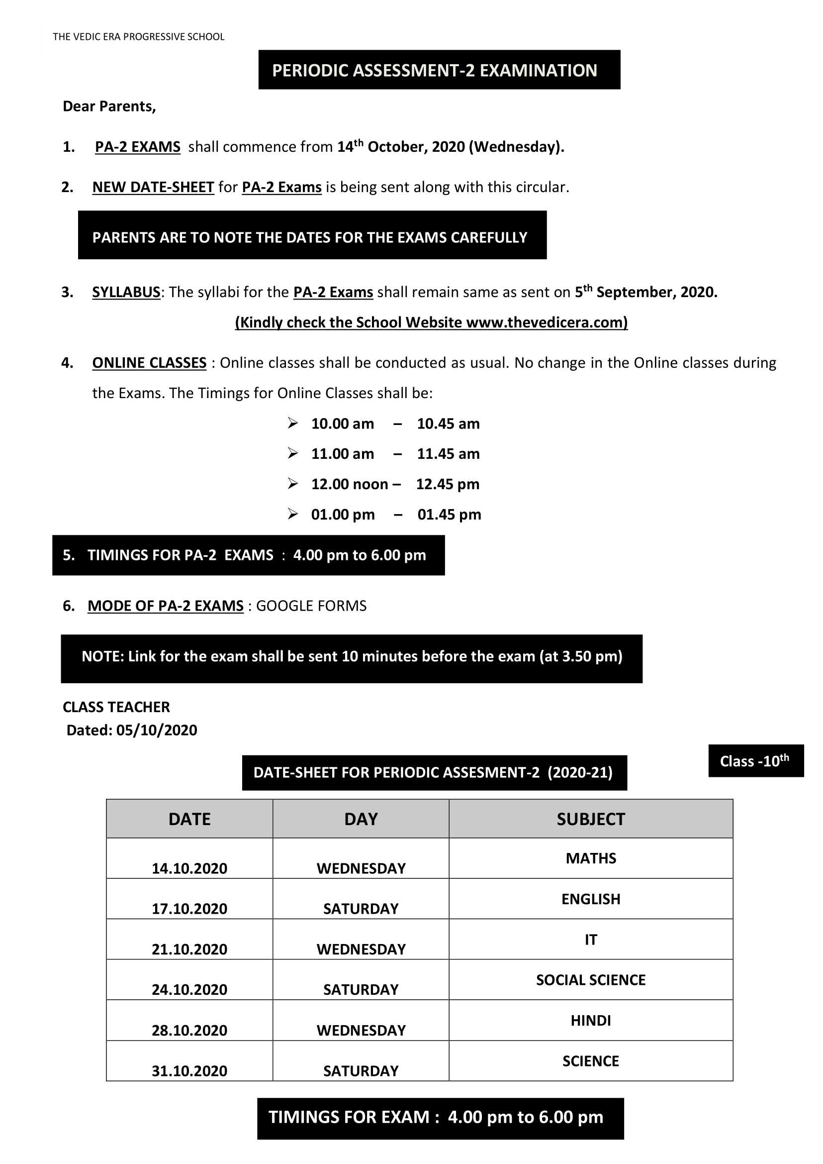 DATE-SHEET FOR PA-2 EXAMS