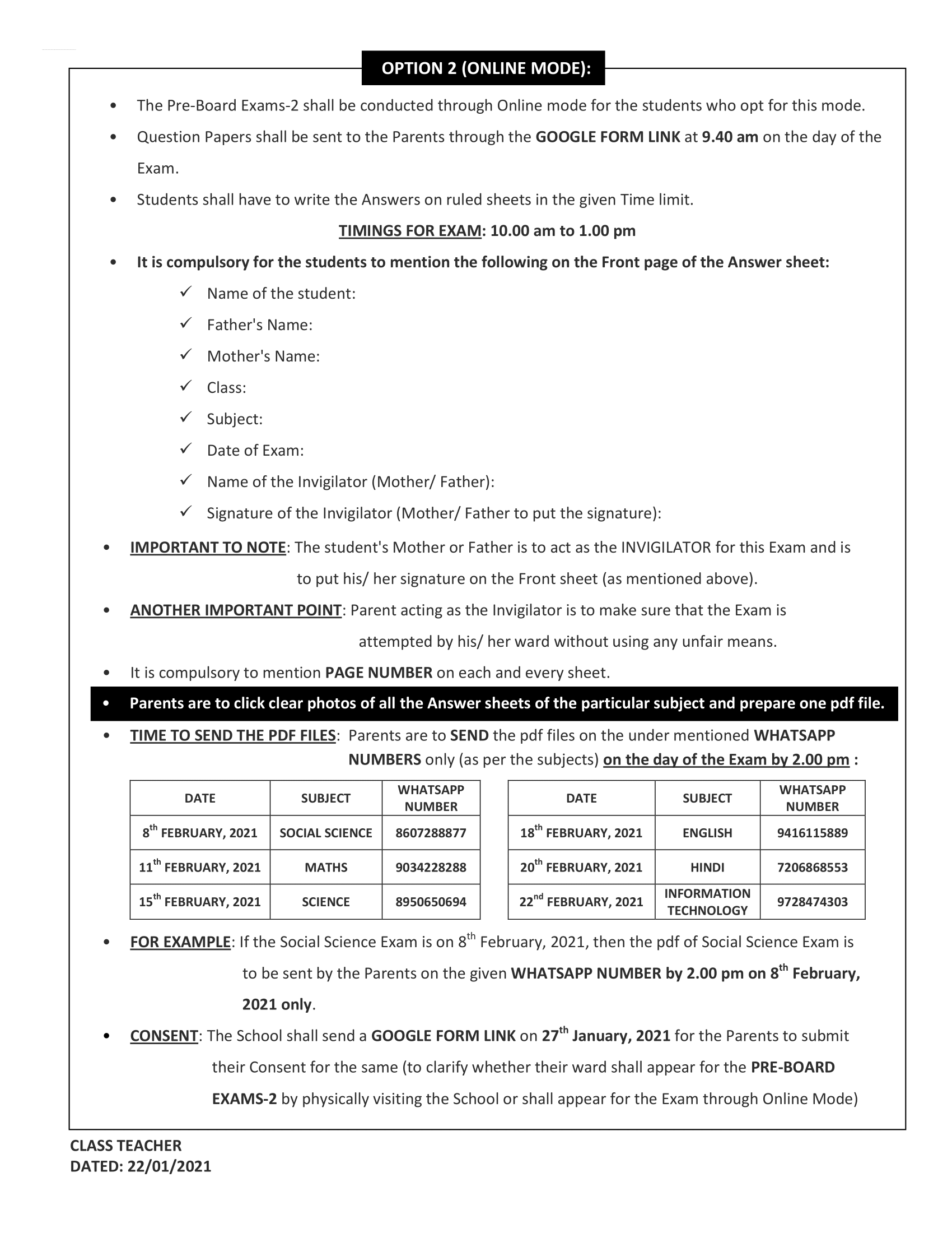 SCHEDULE FOR PRE-BOARD EXAMS-2