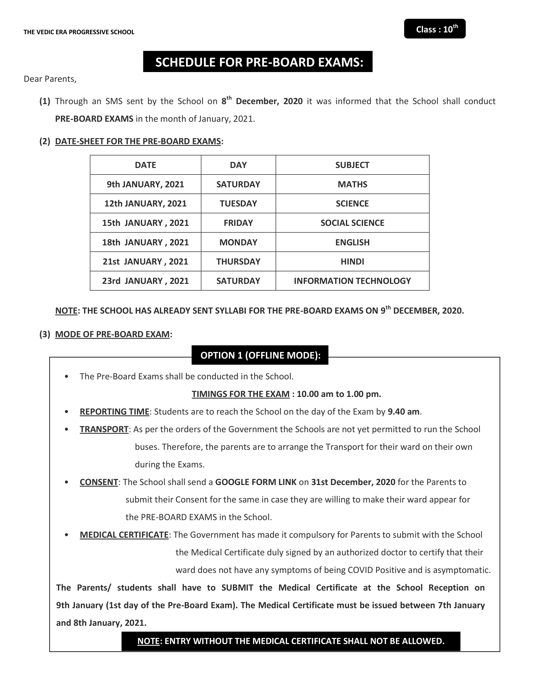 Pre-Board Exam Notice for Class 10th