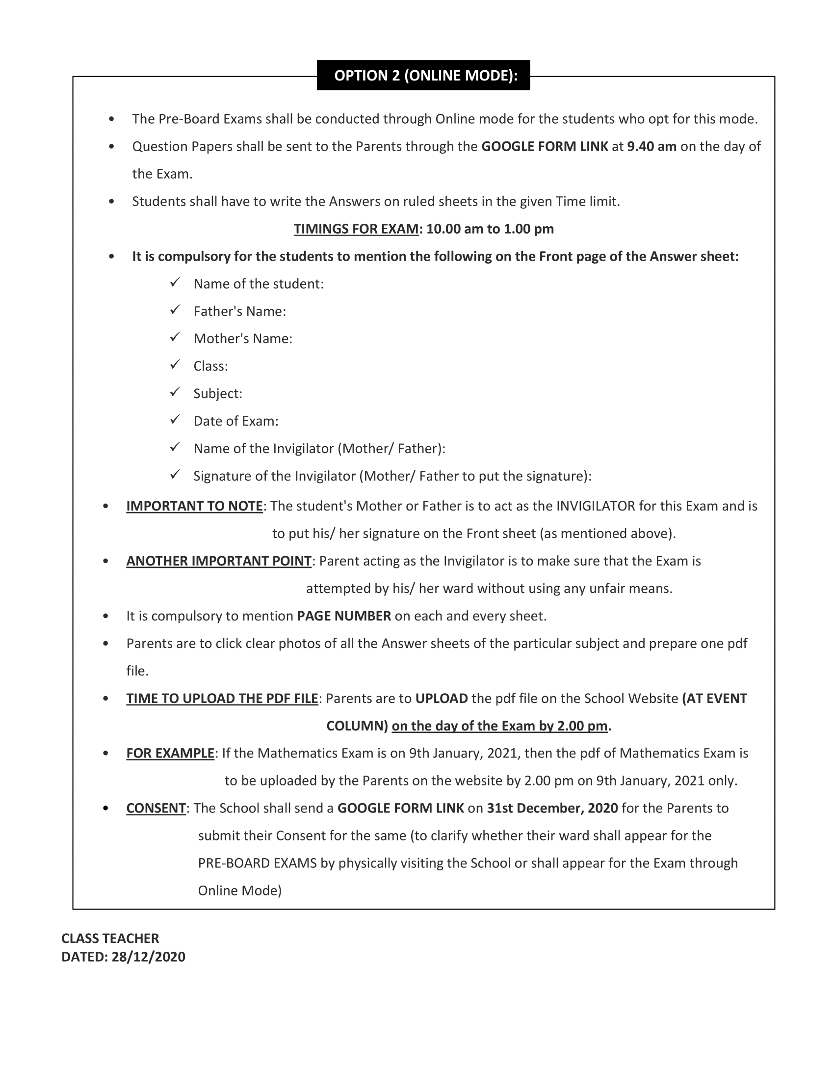 Pre-Board Exam Notice for Class 10th
