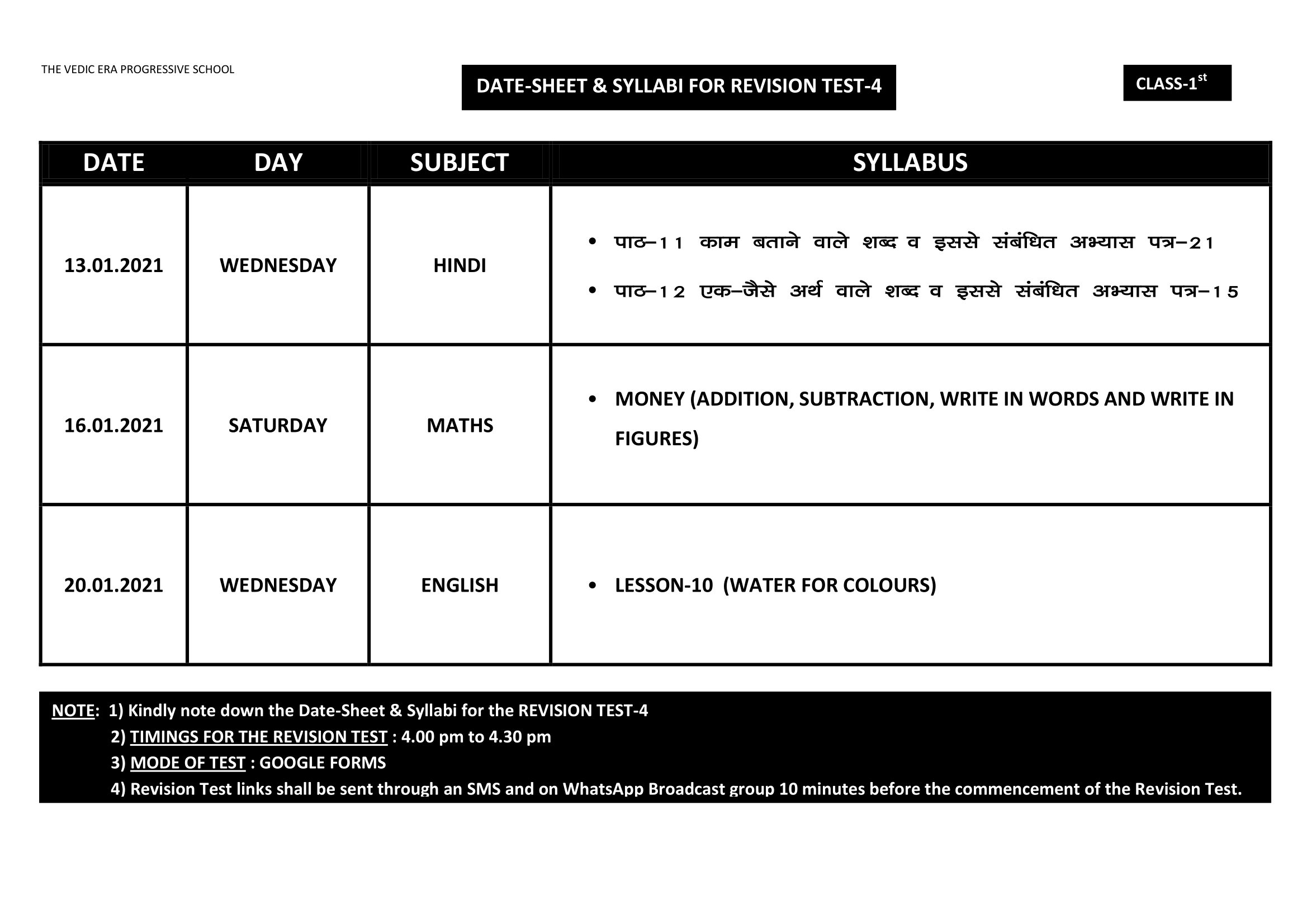 DATE-SHEET & SYLLABI FOR REVISION TEST-4