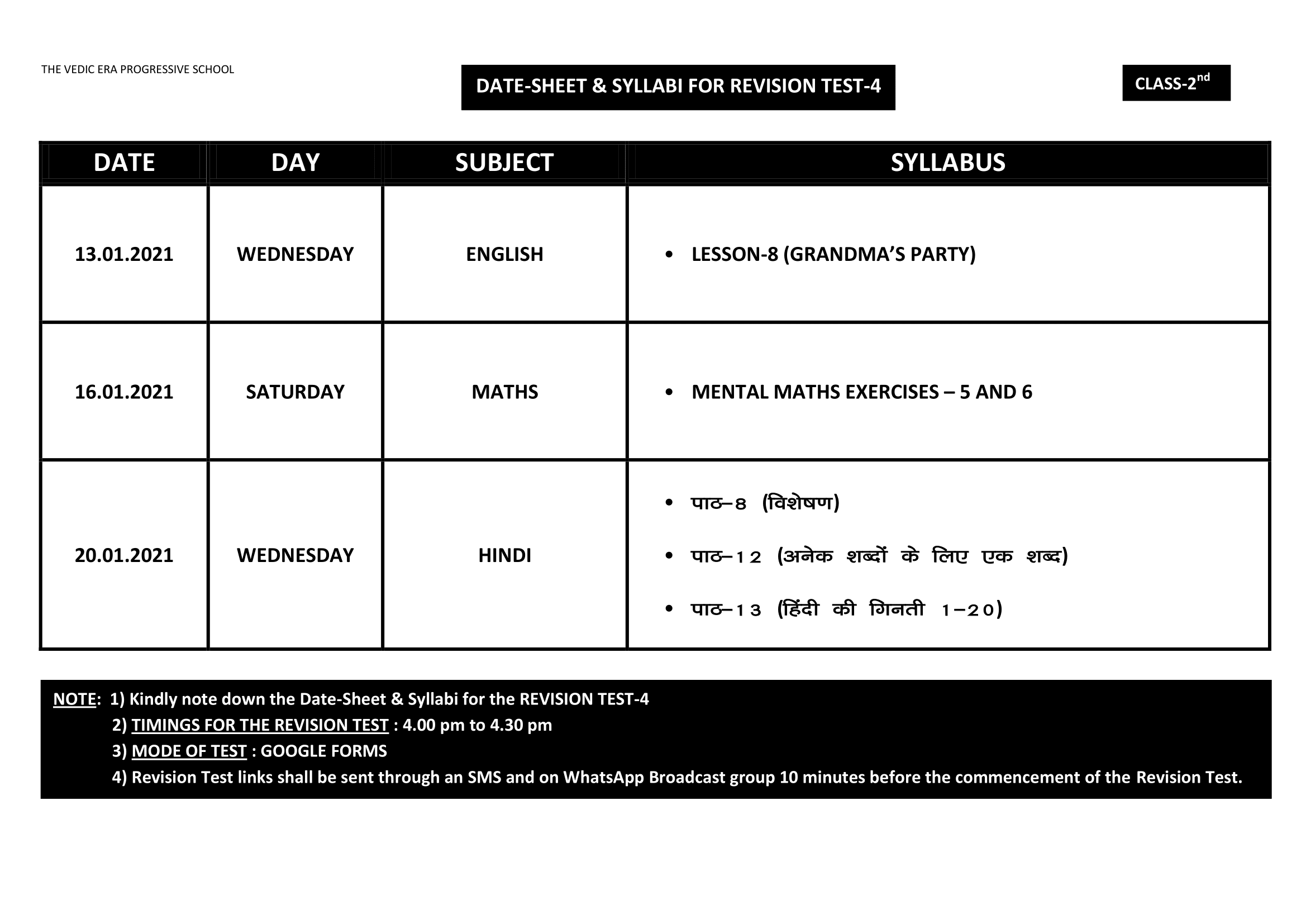 DATE-SHEET & SYLLABI FOR REVISION TEST-4