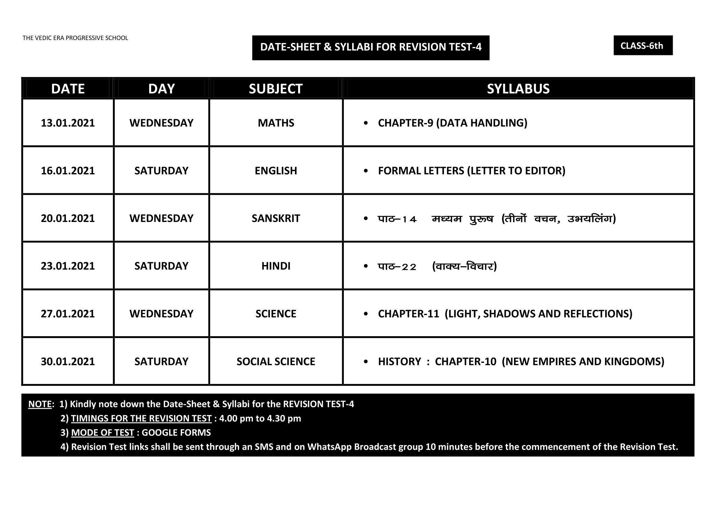 DATE-SHEET & SYLLABI FOR REVISION TEST-4