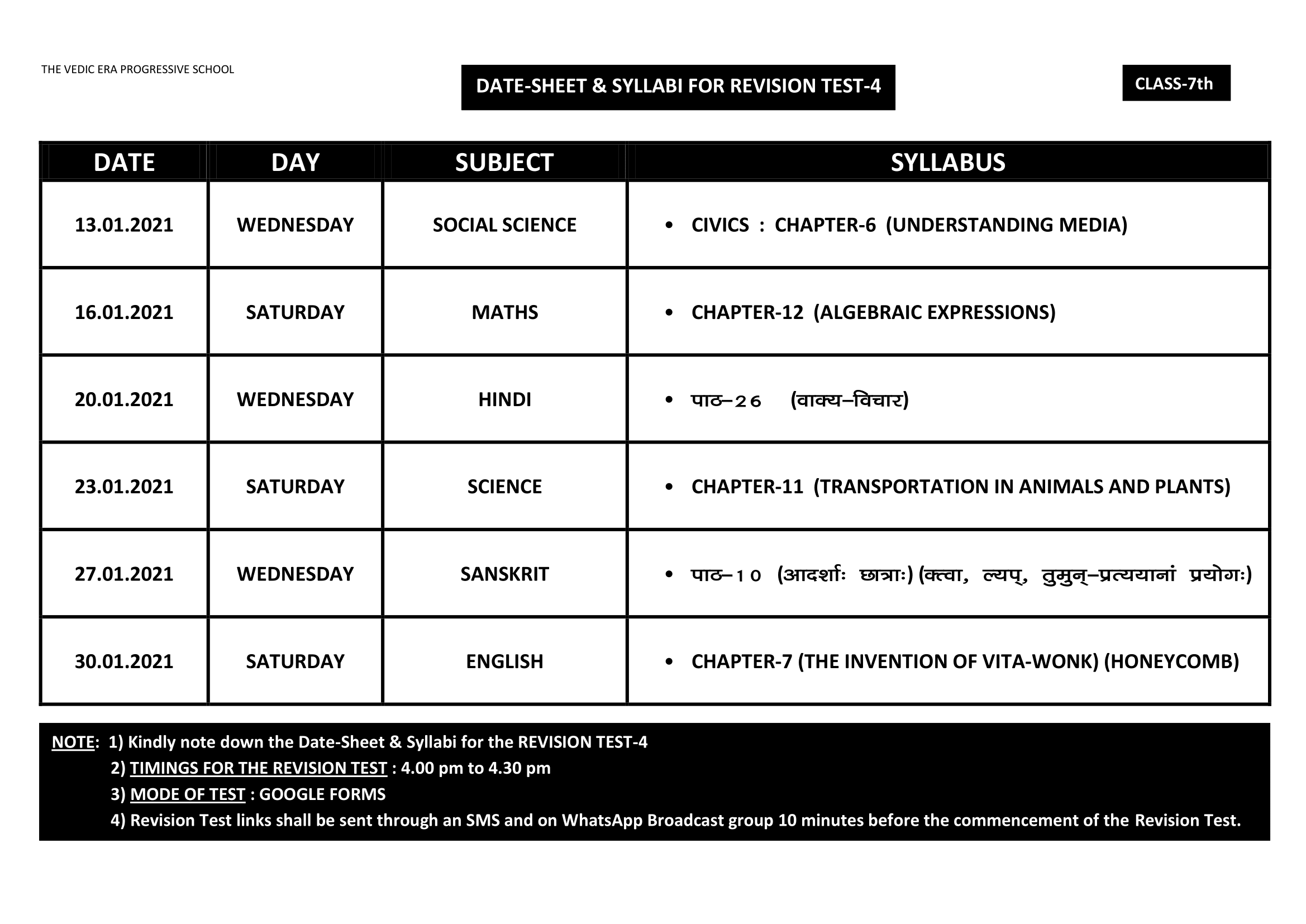 DATE-SHEET & SYLLABI FOR REVISION TEST-4