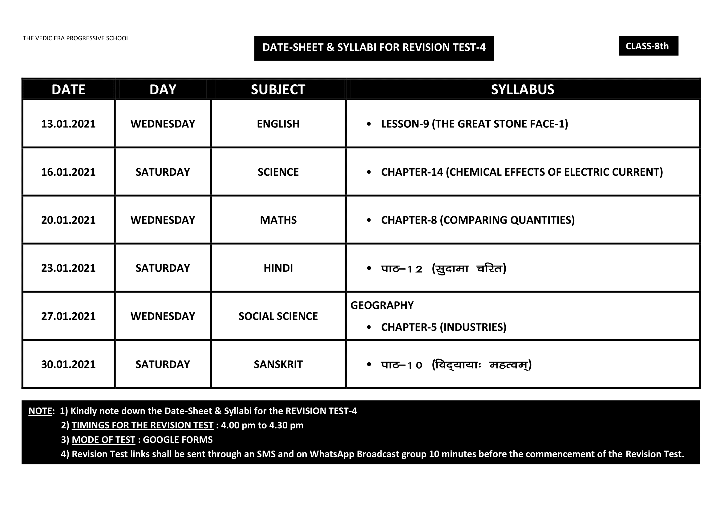 DATE-SHEET & SYLLABI FOR REVISION TEST-4