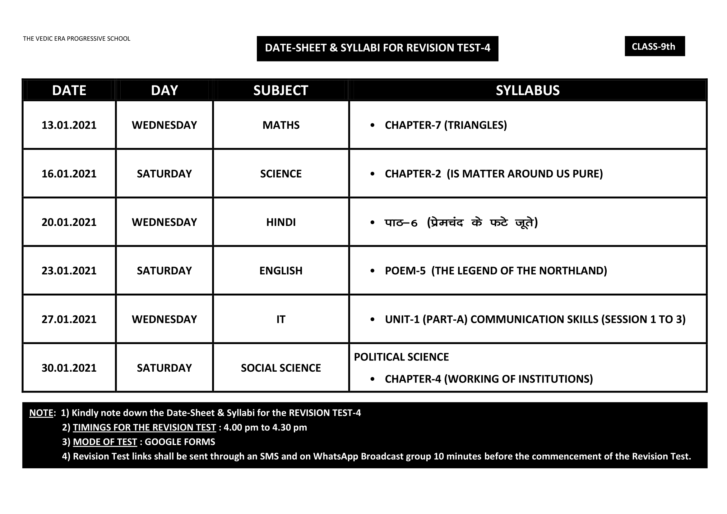 DATE-SHEET & SYLLABI FOR REVISION TEST-4