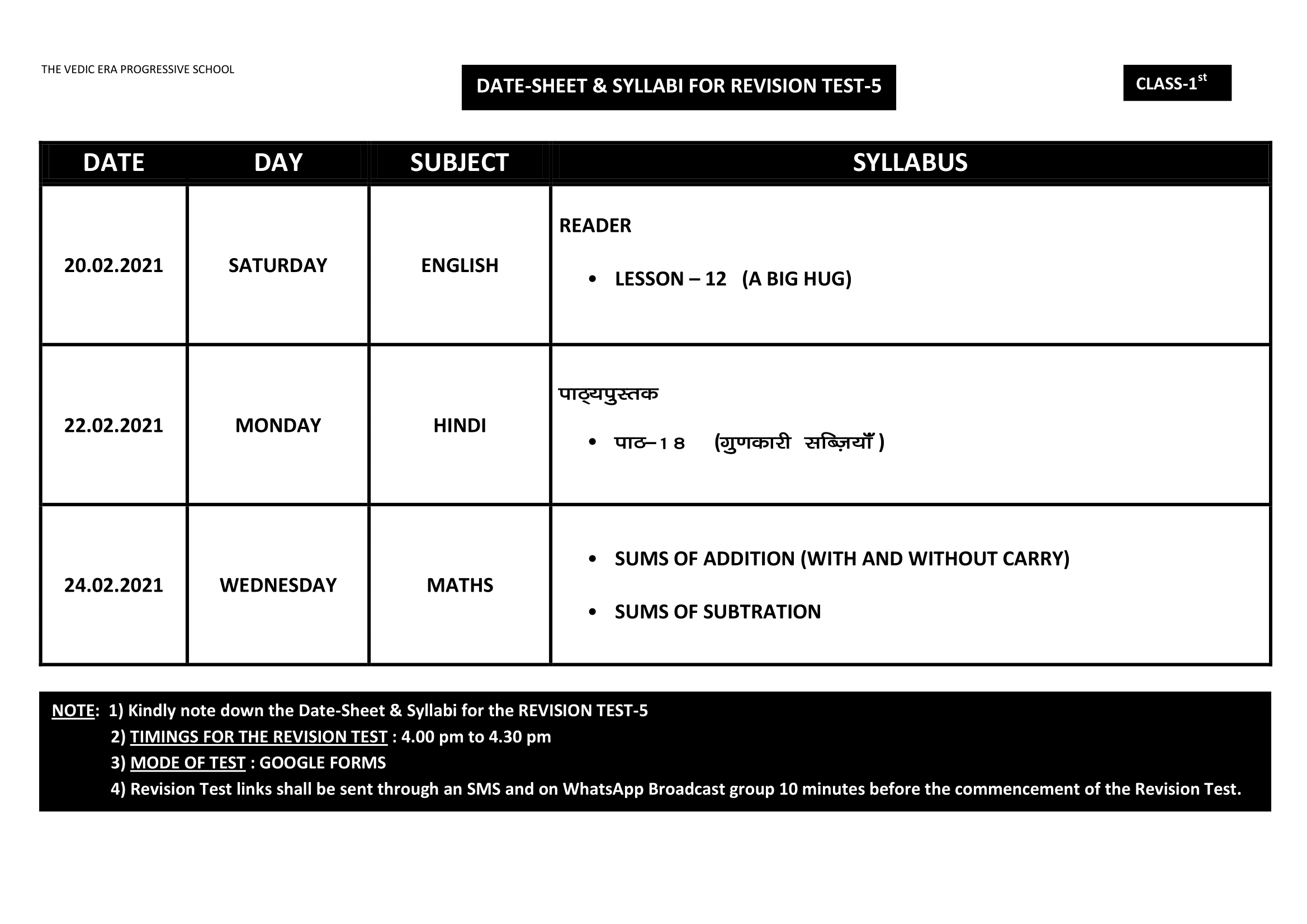 DATE-SHEET & SYLLABI FOR REVISION TEST-5