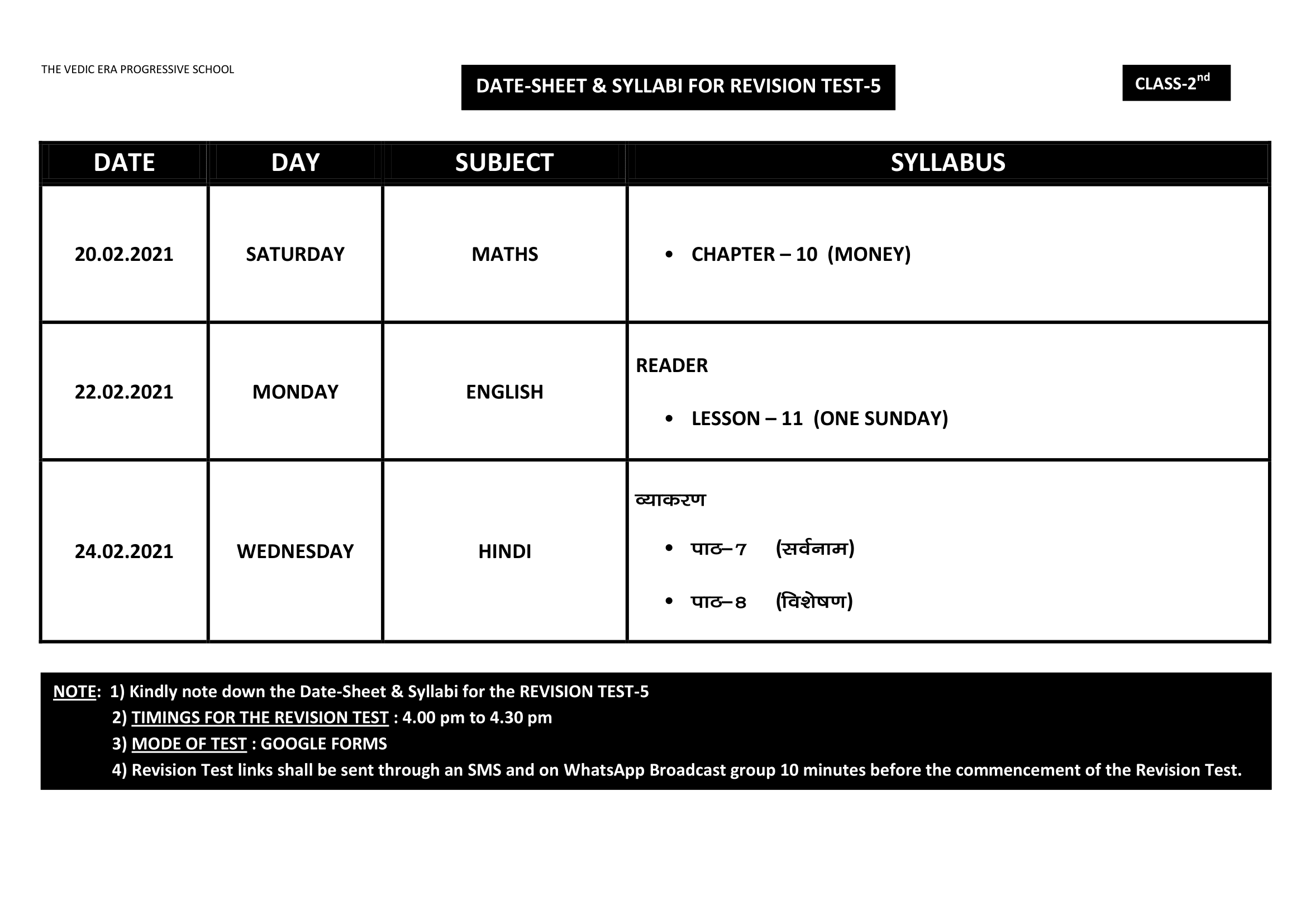 DATE-SHEET & SYLLABI FOR REVISION TEST-5