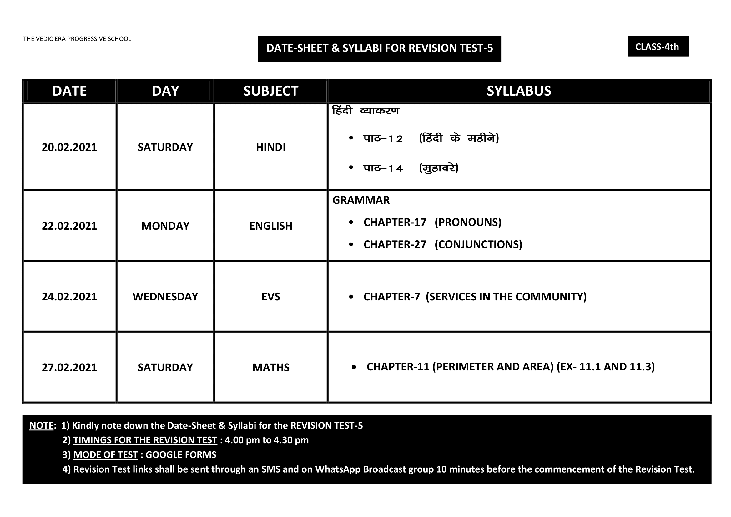 DATE-SHEET & SYLLABI FOR REVISION TEST-5