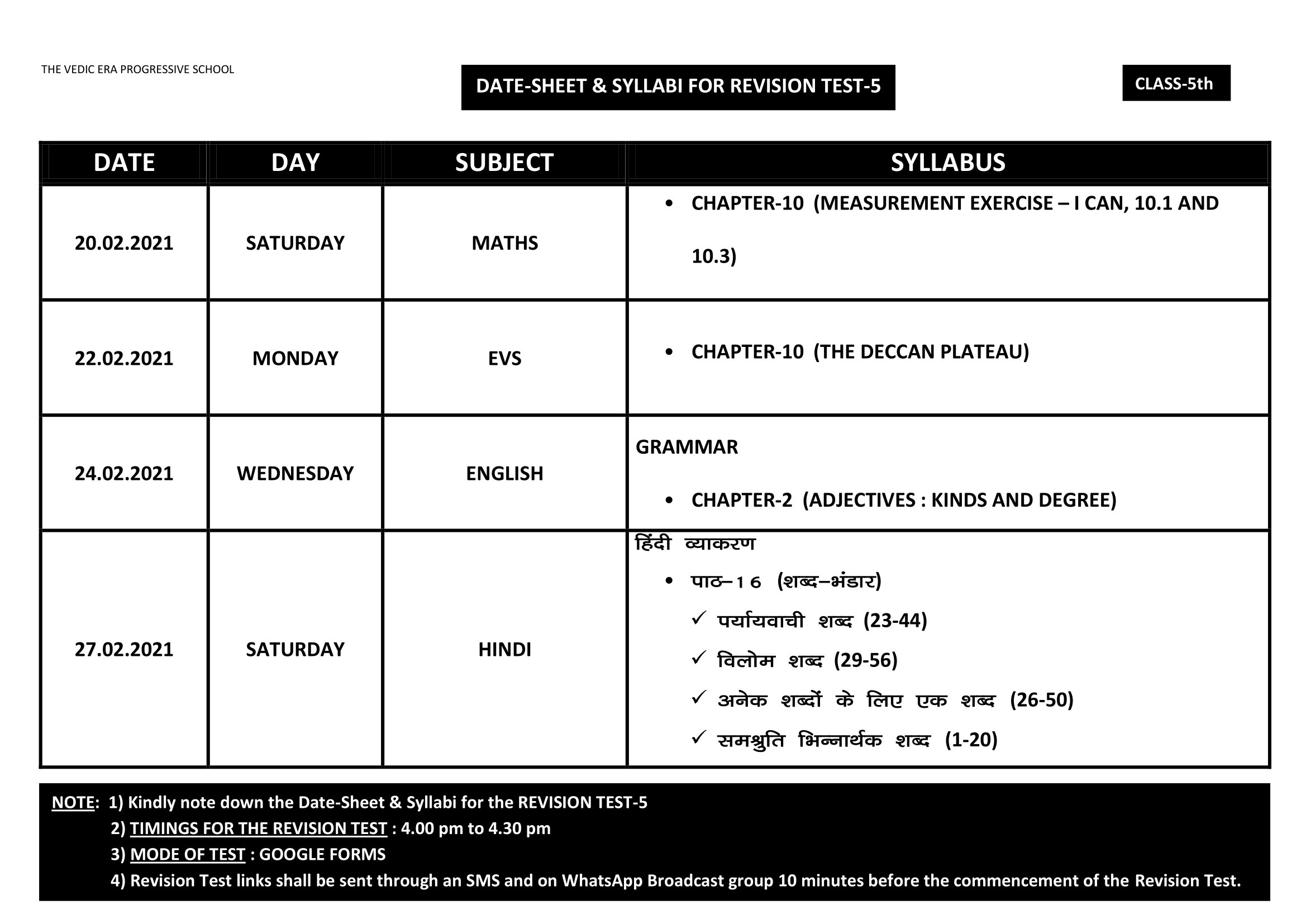 DATE-SHEET & SYLLABI FOR REVISION TEST-5