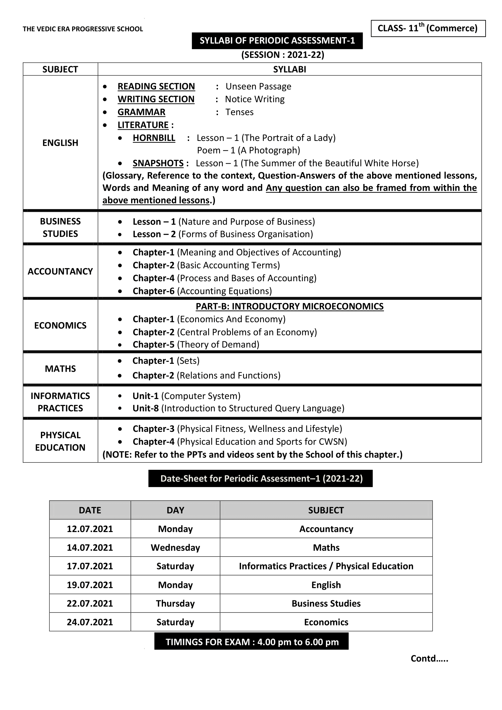 DATE-SHEET & SYLLABI FOR PA1