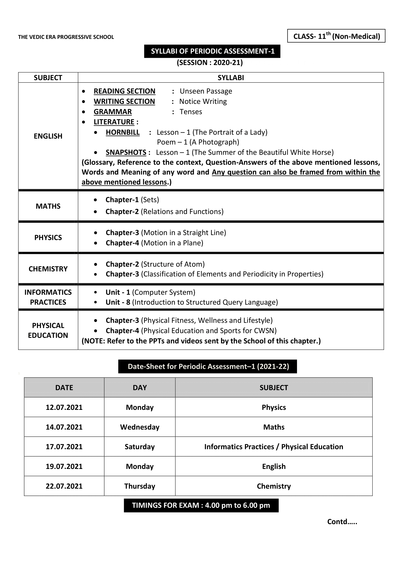 DATE-SHEET & SYLLABI FOR PA1