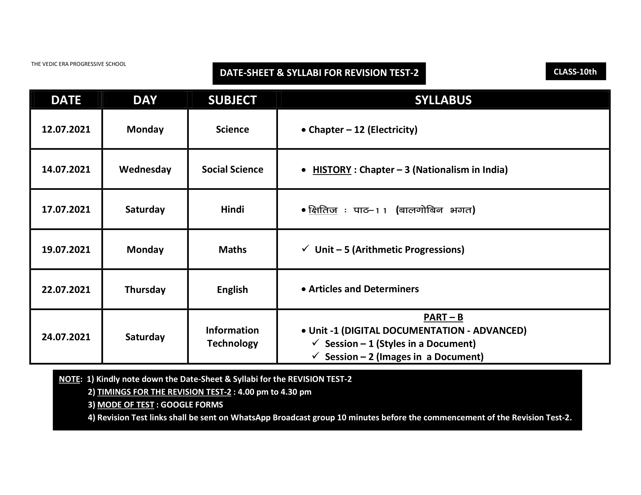 DATE-SHEET & SYLLABI FOR REVISION TEST-2