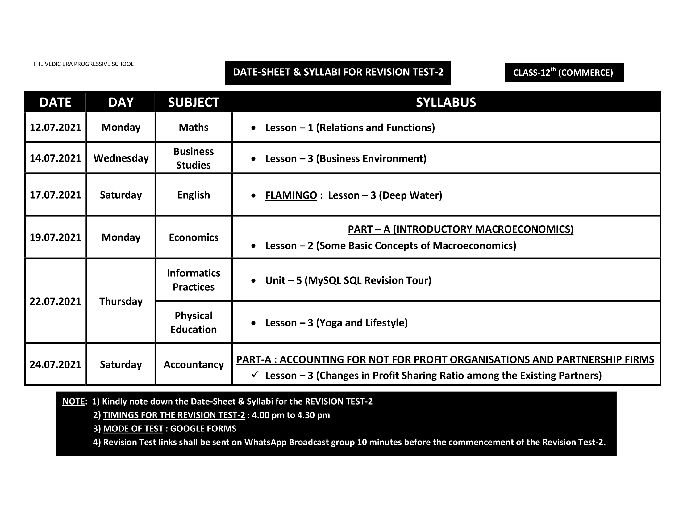 DATE-SHEET & SYLLABI FOR REVISION TEST-2