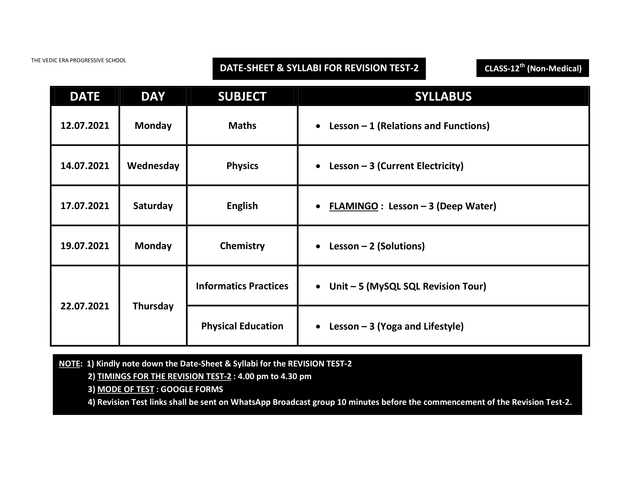 DATE-SHEET & SYLLABI FOR REVISION TEST-2
