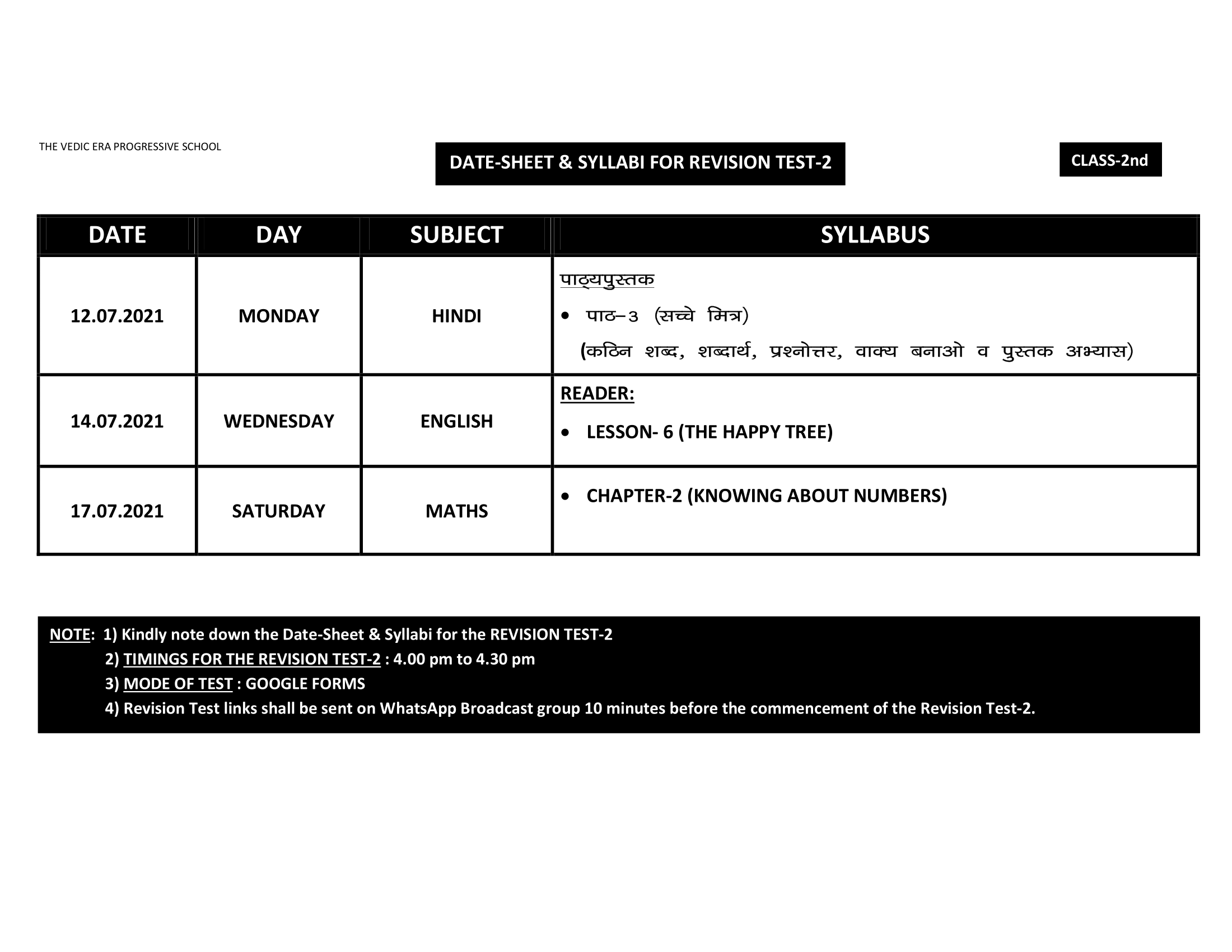 DATE-SHEET & SYLLABI FOR REVISION TEST-2