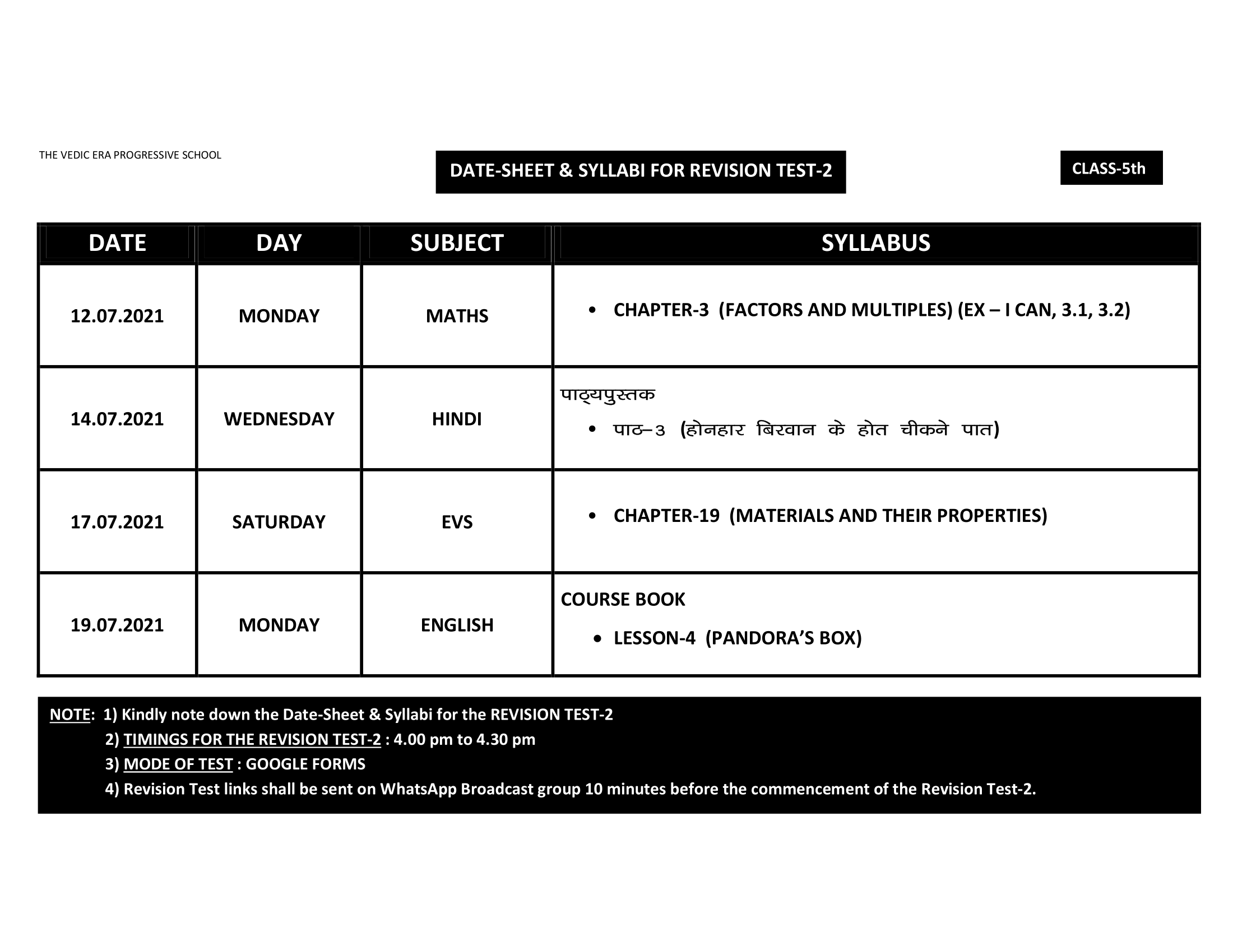 DATE-SHEET & SYLLABI FOR REVISION TEST-2