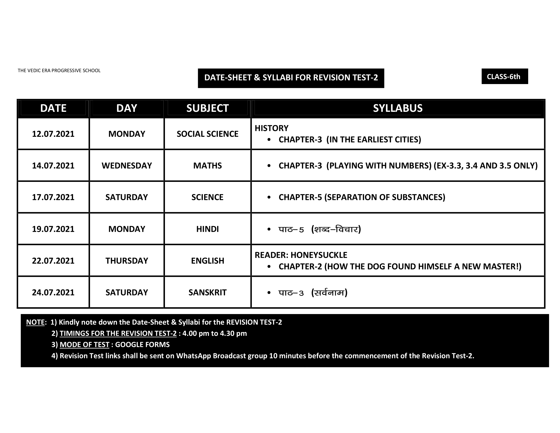 DATE-SHEET & SYLLABI FOR REVISION TEST-2