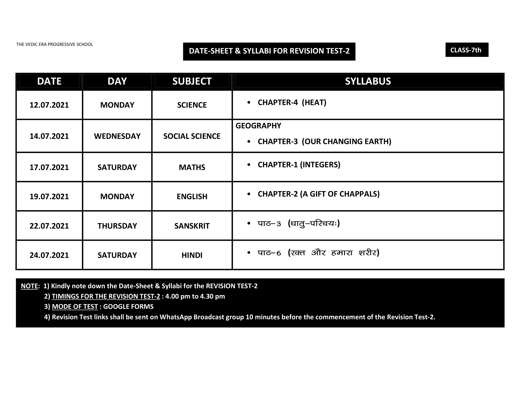 DATE-SHEET & SYLLABI FOR REVISION TEST-2