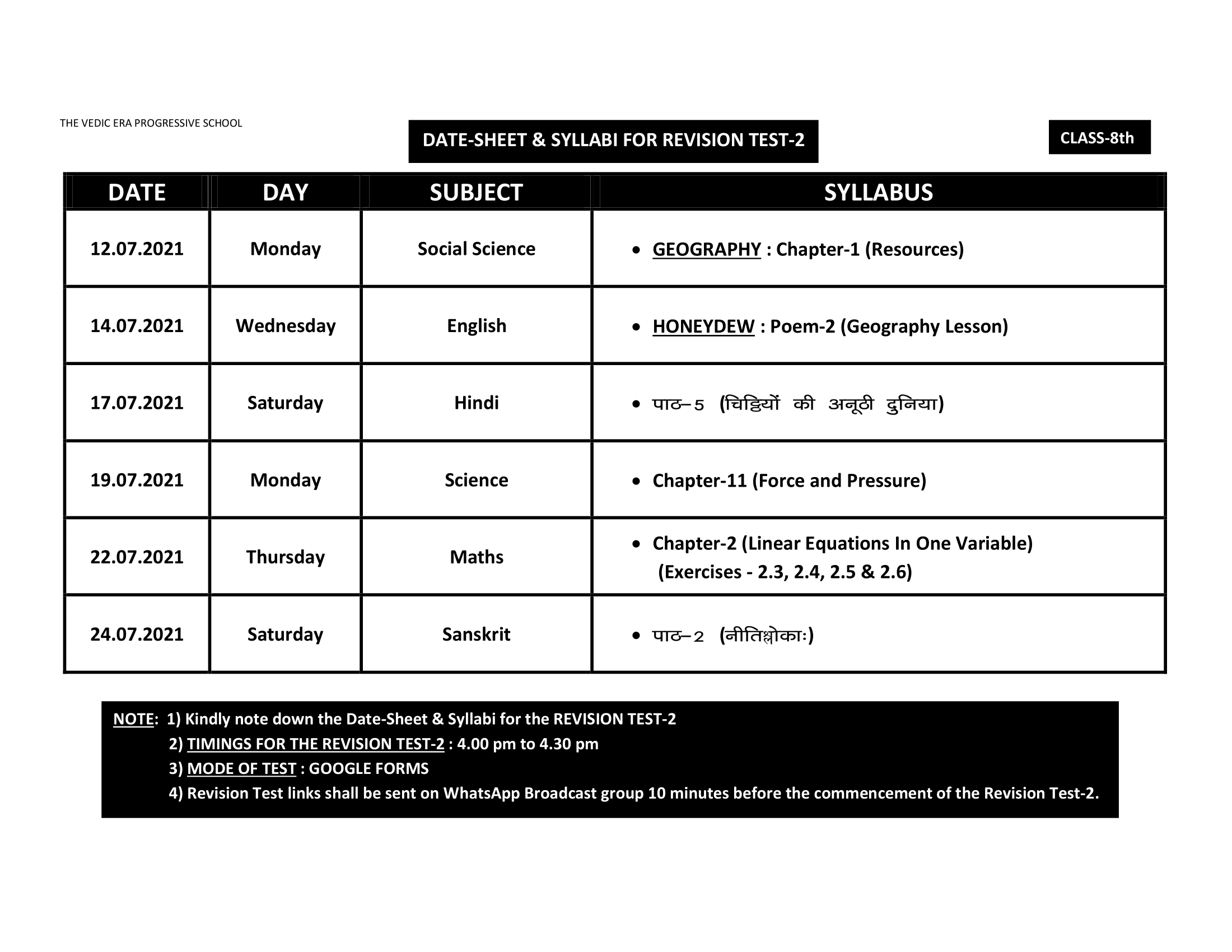 DATE-SHEET & SYLLABI FOR REVISION TEST-2