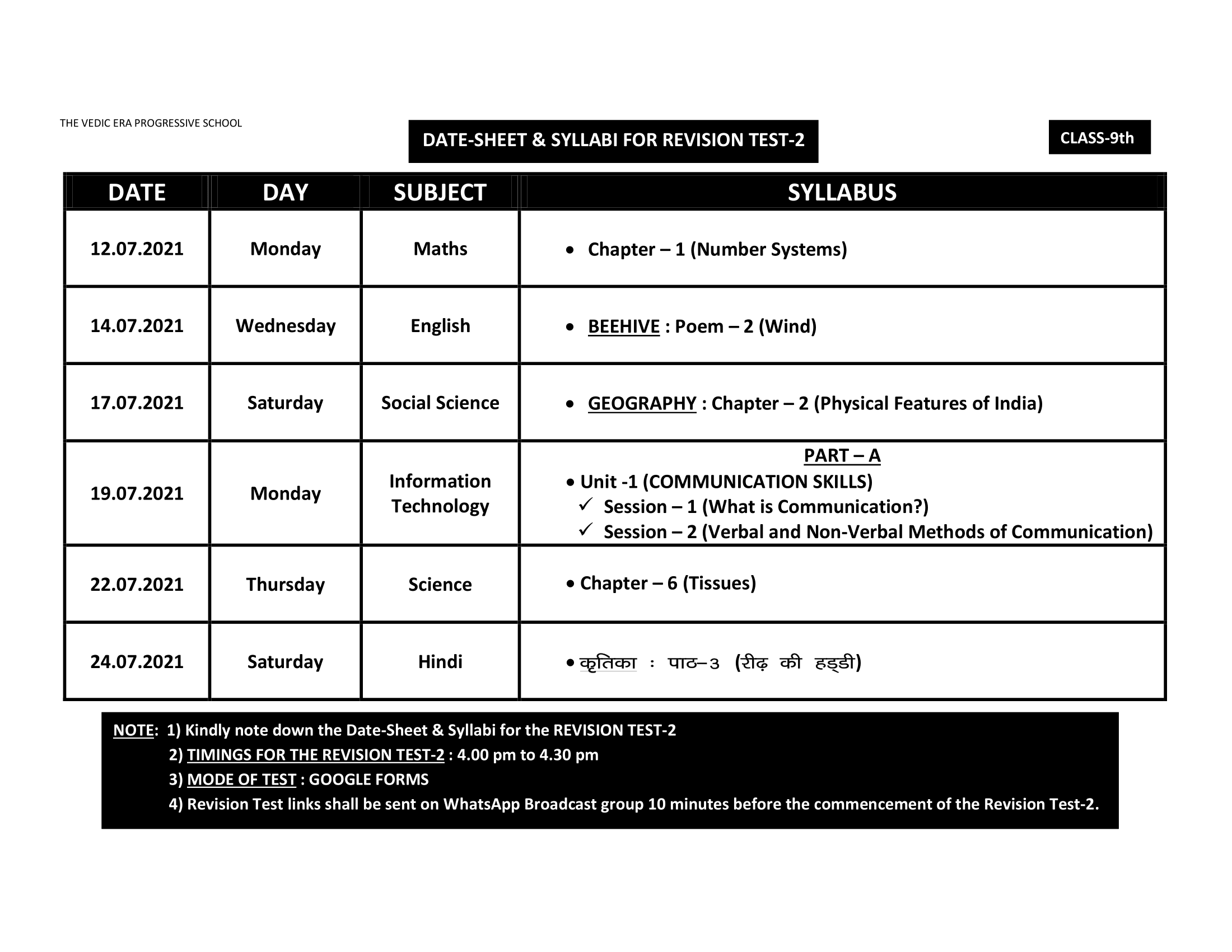 DATE-SHEET & SYLLABI FOR REVISION TEST-2