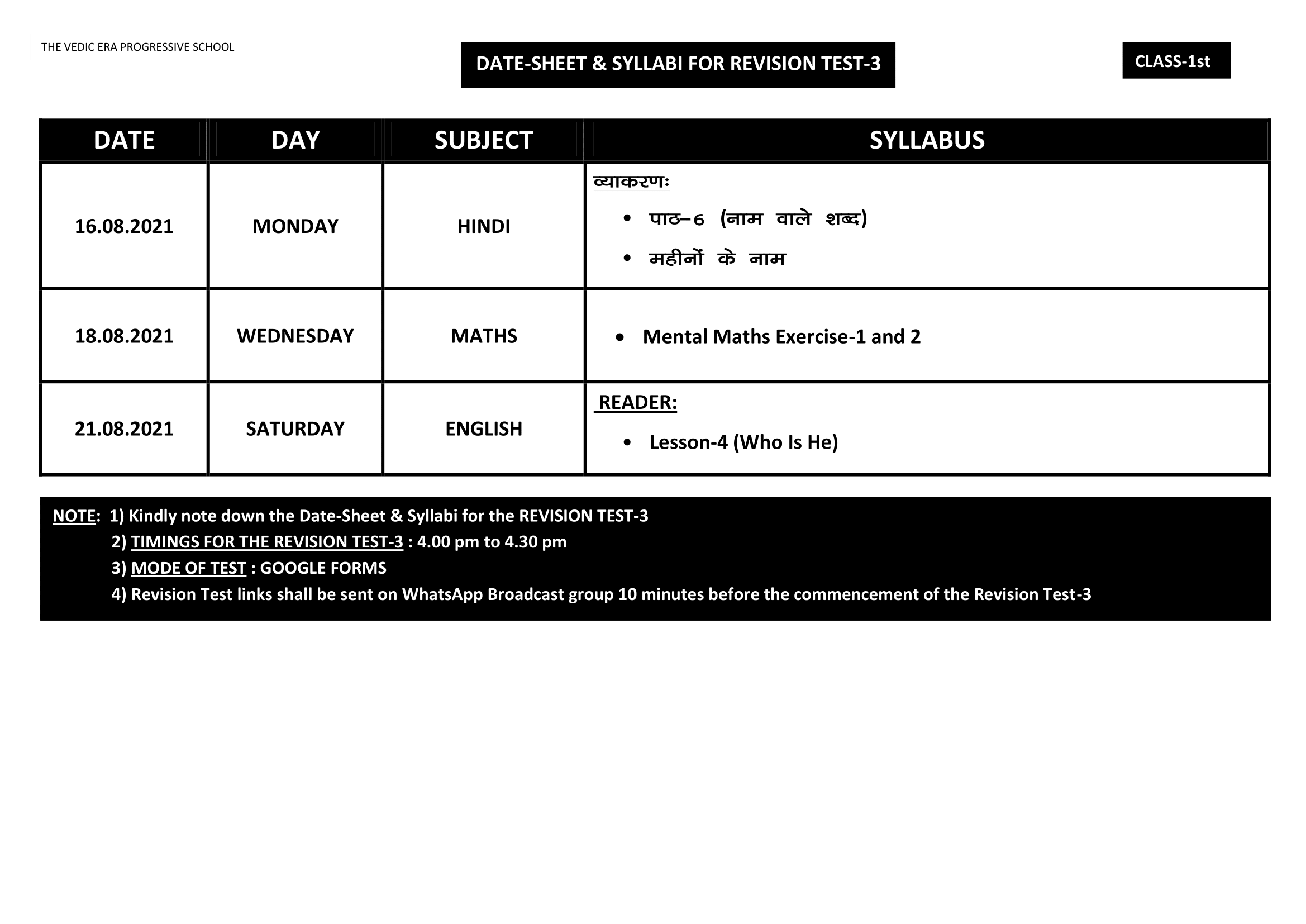 DATE-SHEET & SYLLABI FOR REVISION TEST-3