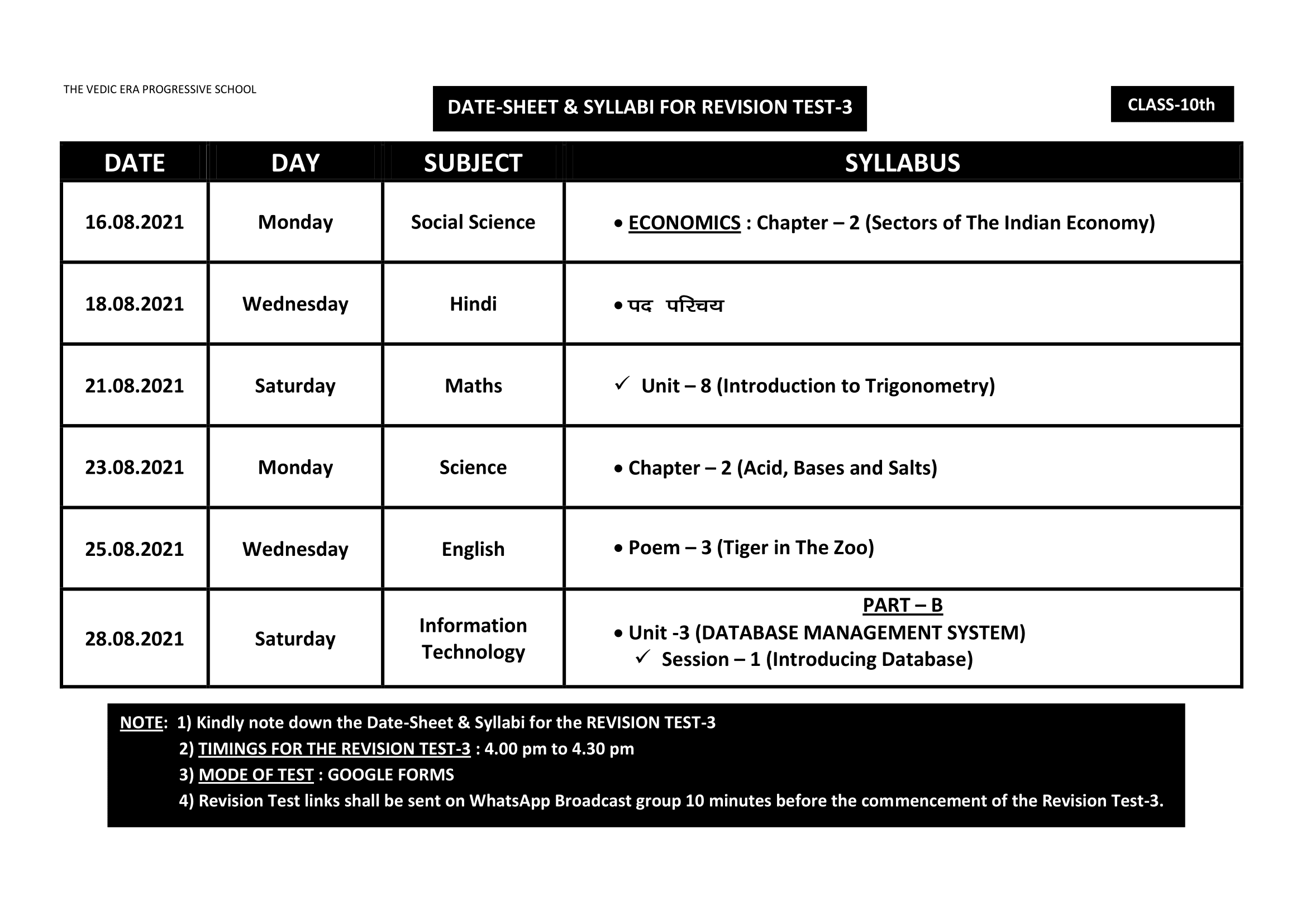 DATE-SHEET & SYLLABI FOR REVISION TEST-3