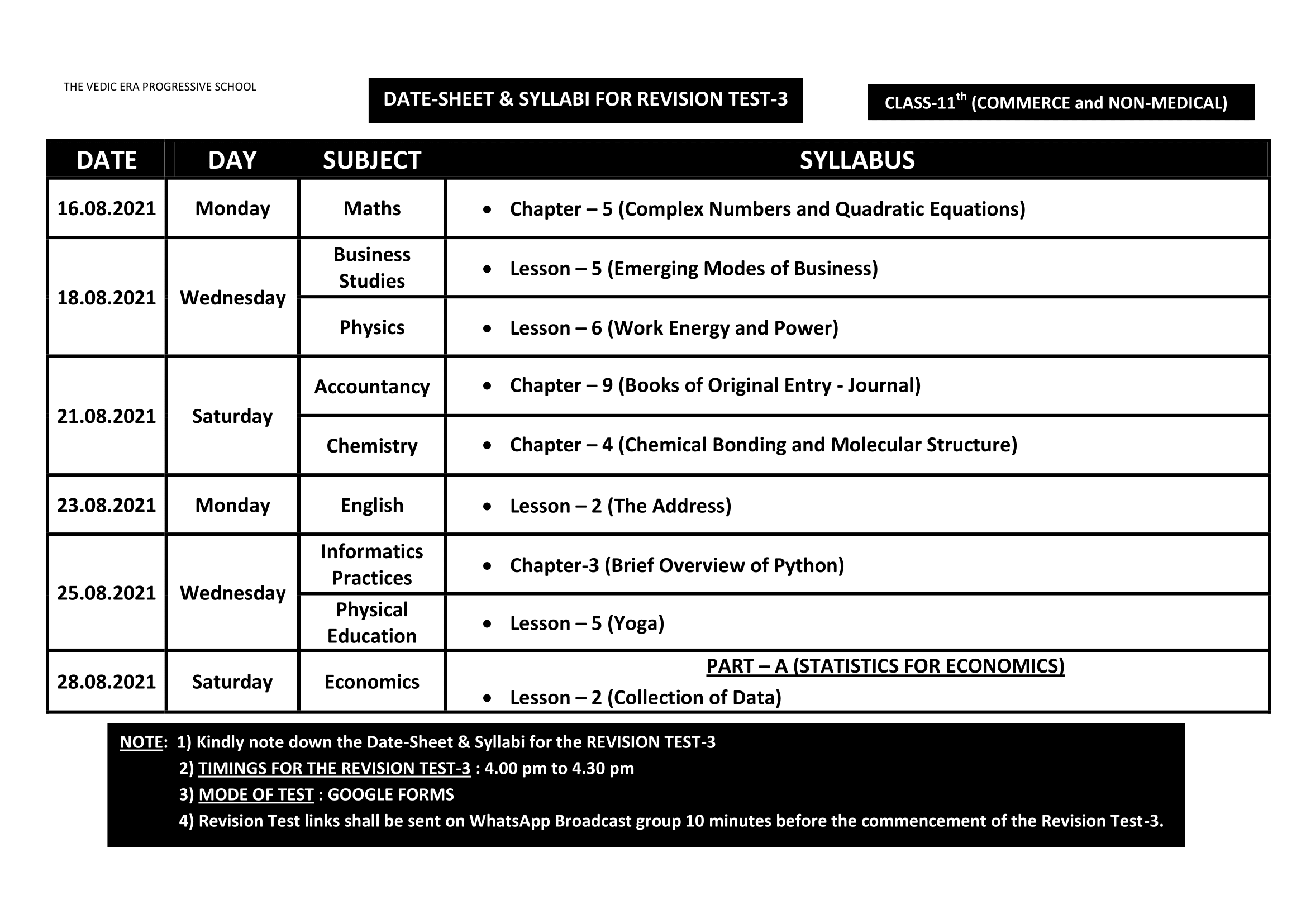 DATE-SHEET & SYLLABI FOR REVISION TEST-3