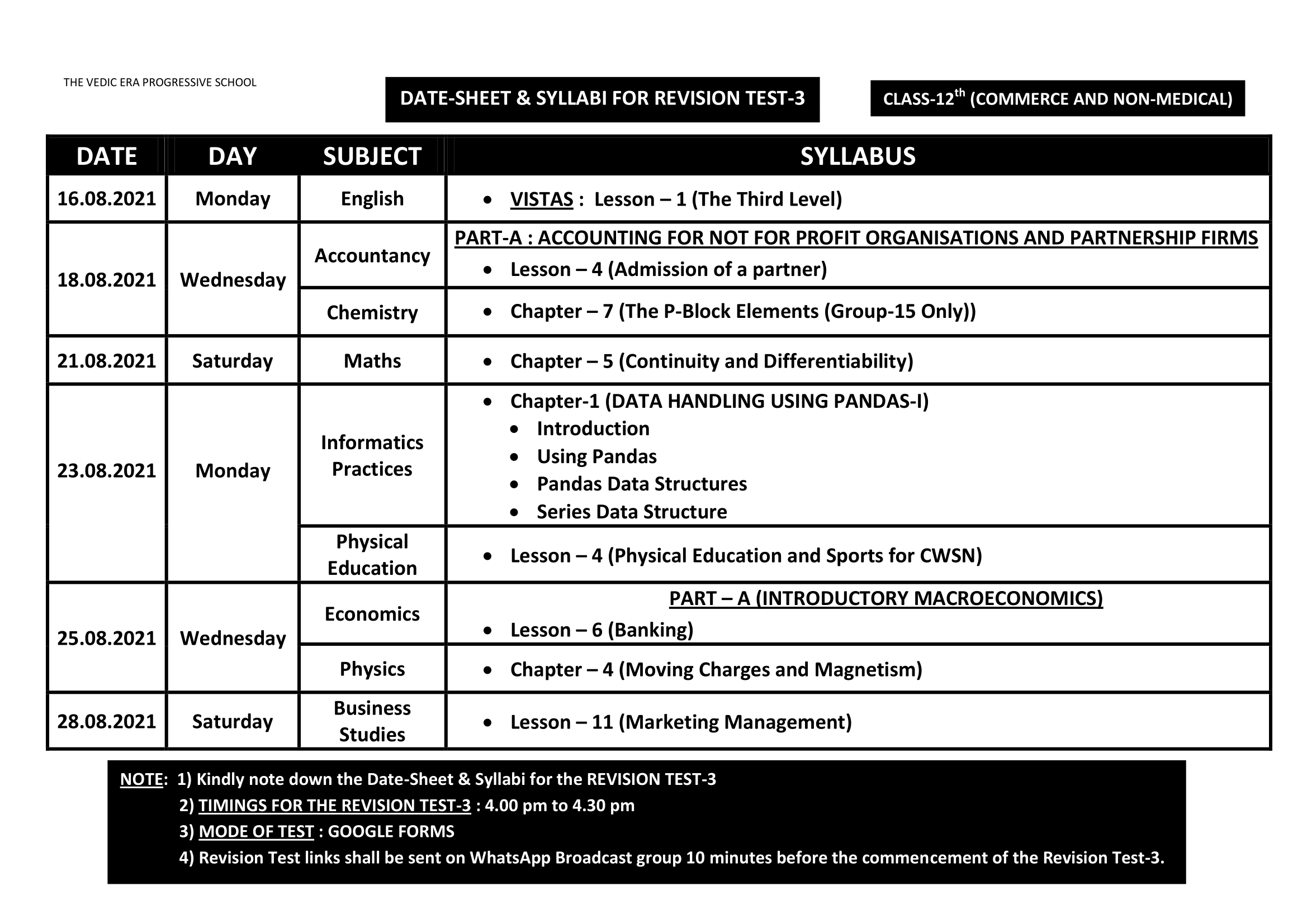 DATE-SHEET & SYLLABI FOR REVISION TEST-3