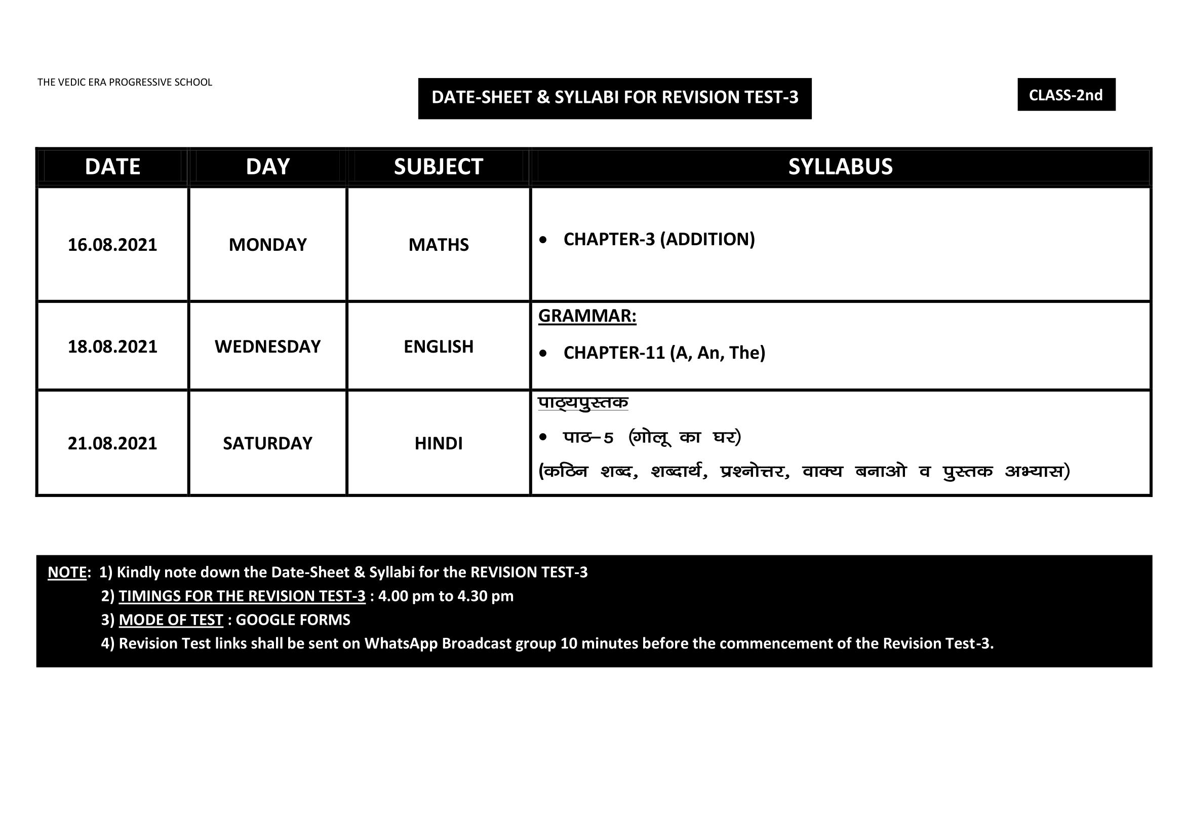 DATE-SHEET & SYLLABI FOR REVISION TEST-3