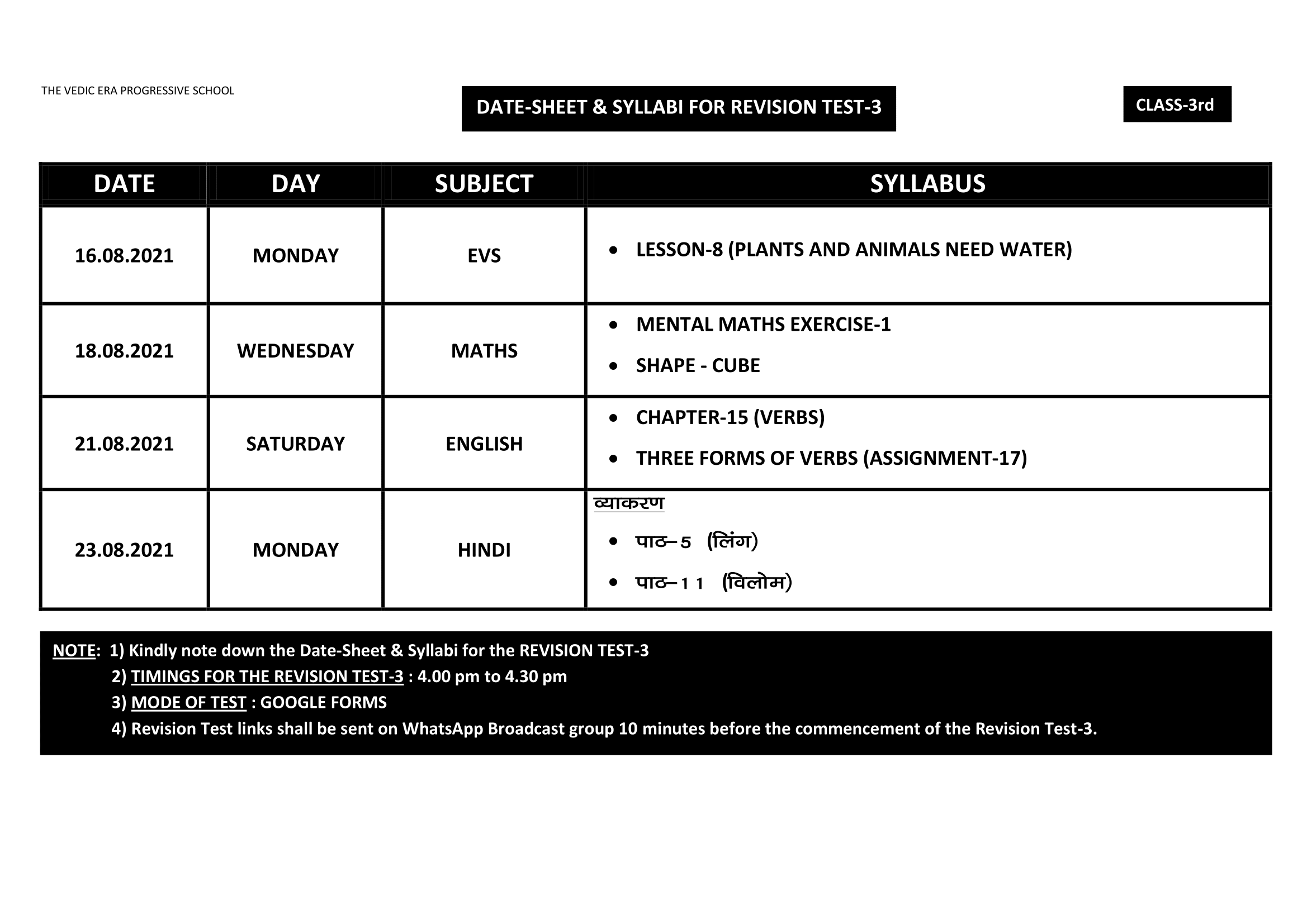 DATE-SHEET & SYLLABI FOR REVISION TEST-3