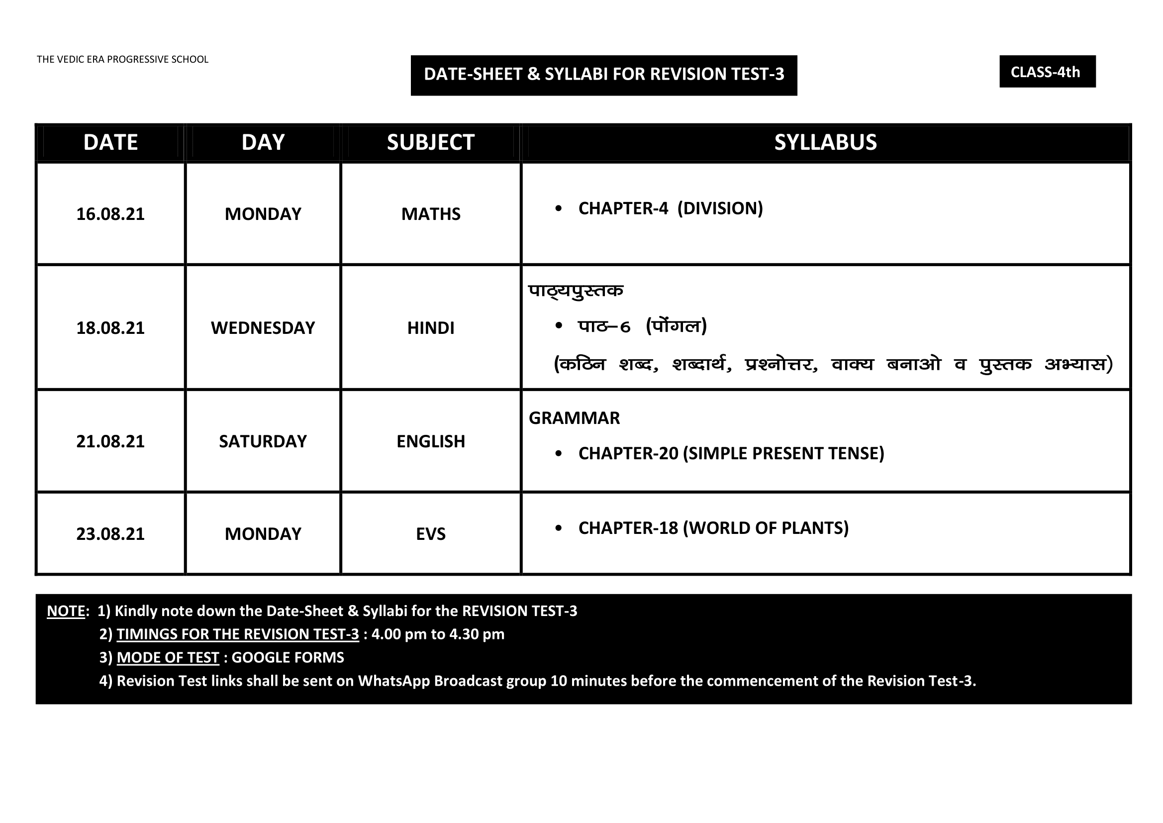 DATE-SHEET & SYLLABI FOR REVISION TEST-3