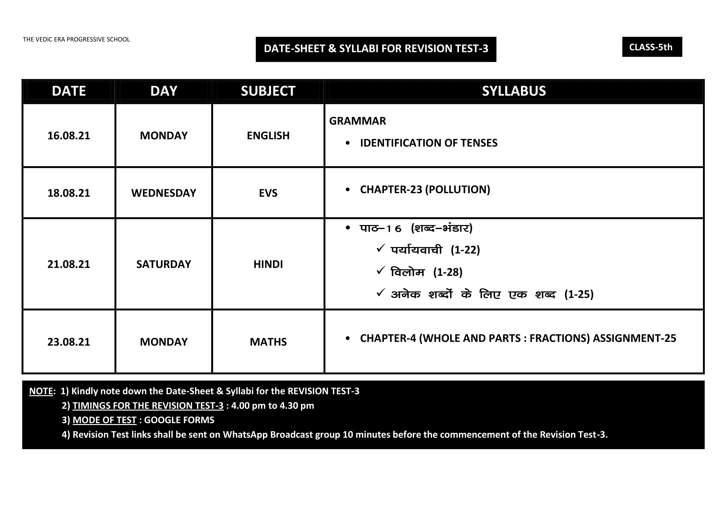 DATE-SHEET & SYLLABI FOR REVISION TEST-3