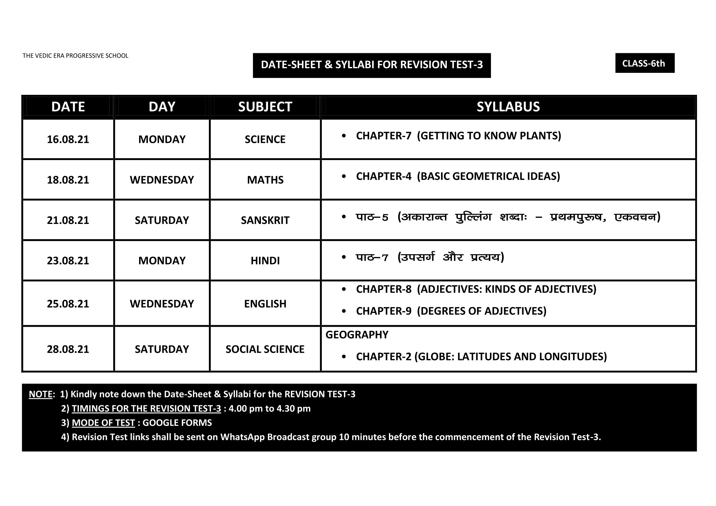 DATE-SHEET & SYLLABI FOR REVISION TEST-3