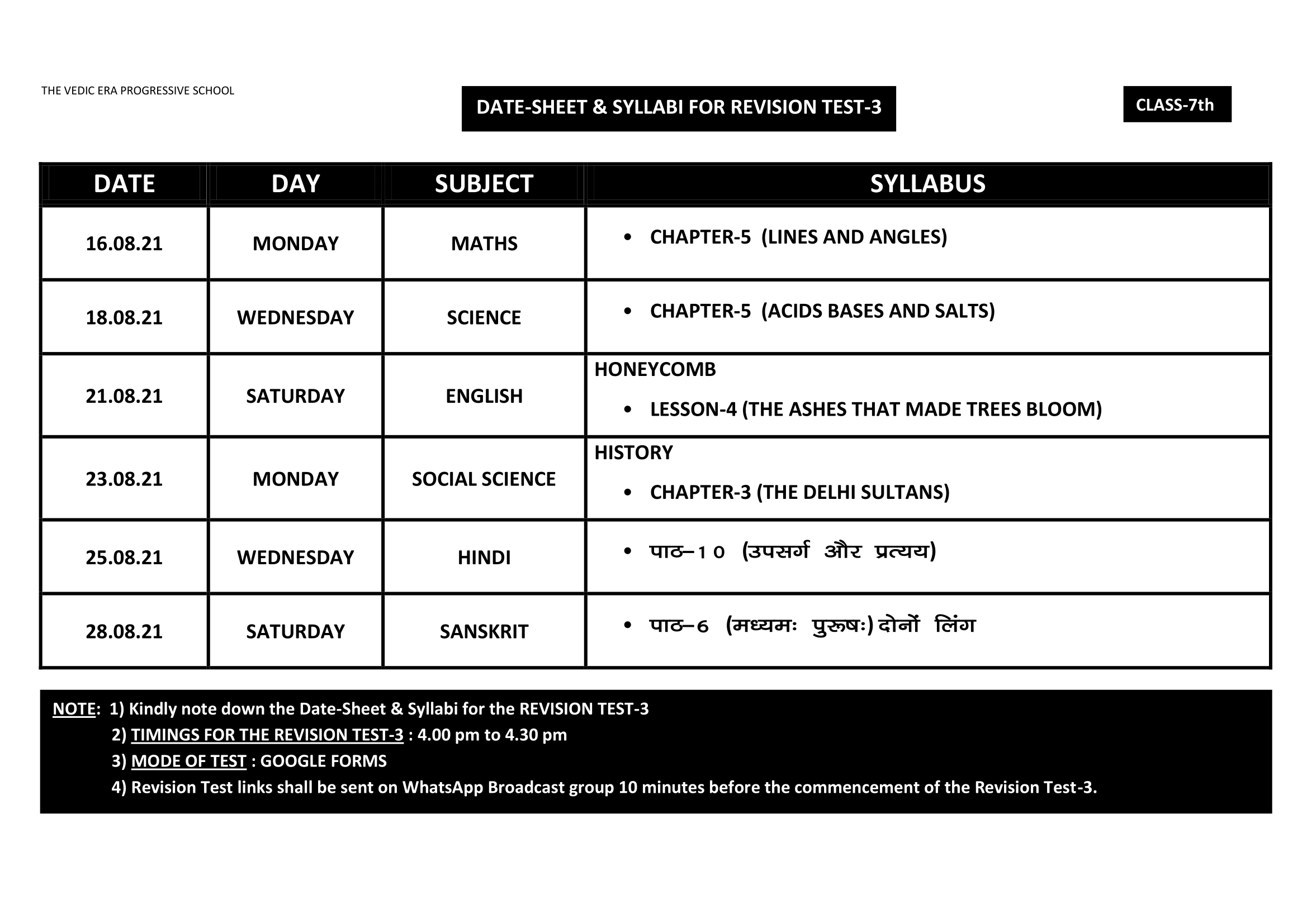 DATE-SHEET & SYLLABI FOR REVISION TEST-3