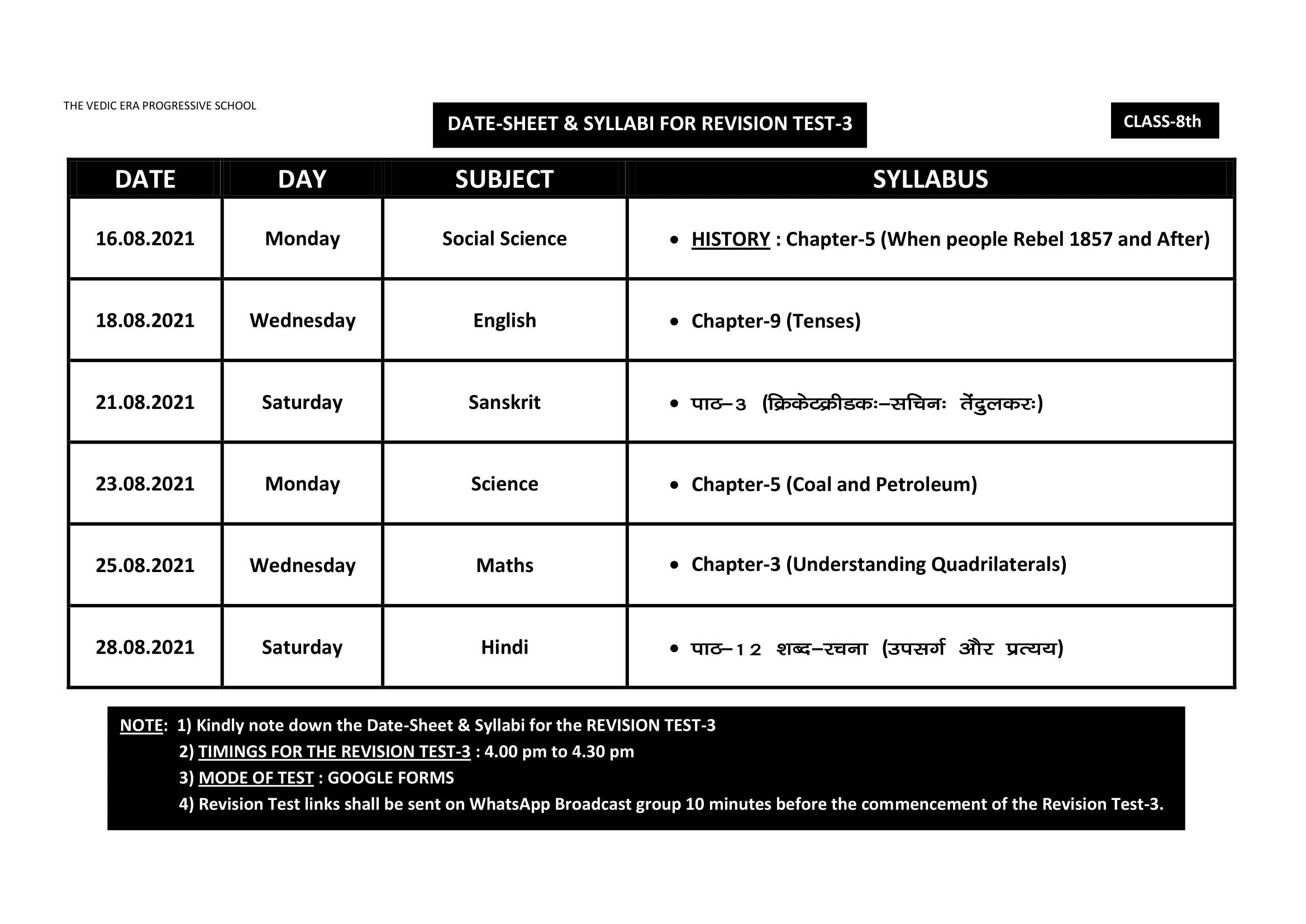 DATE-SHEET & SYLLABI FOR REVISION TEST-3