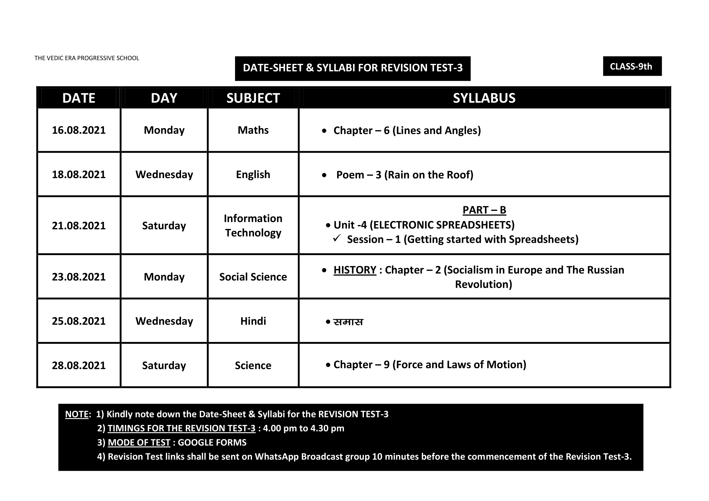 DATE-SHEET & SYLLABI FOR REVISION TEST-3