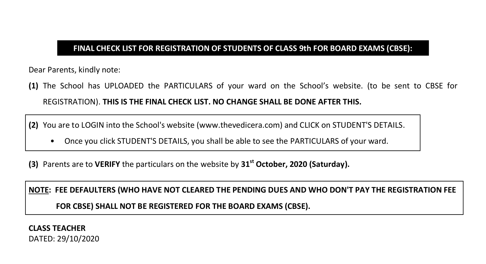 REGISTRATION OF STUDENTS OF CLASS 9th IN CBSE