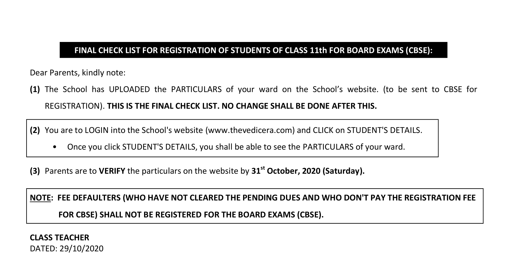 REGISTRATION OF STUDENTS OF CLASS 11th IN CBSE
